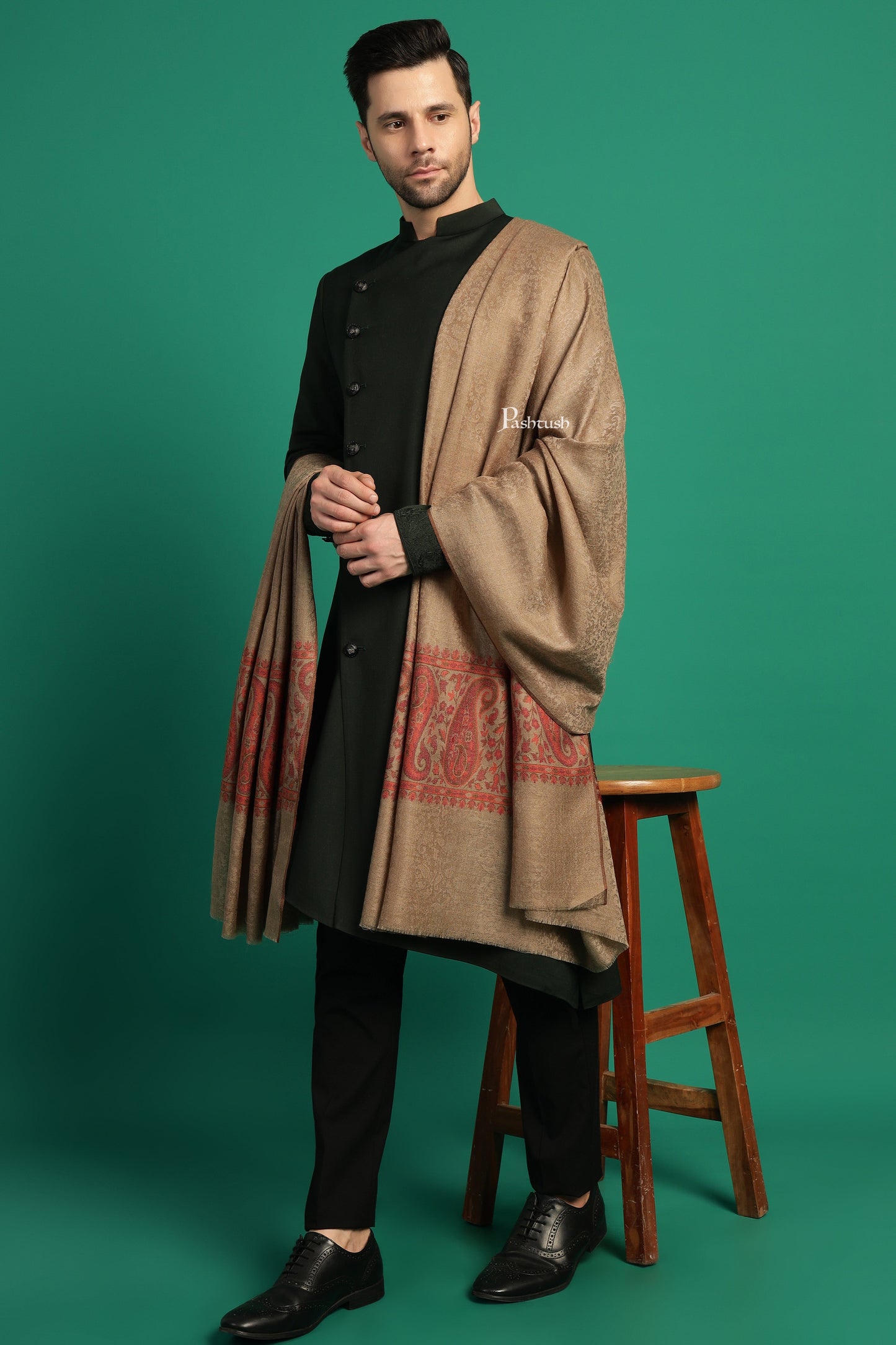 Pashtush India Mens Shawls Gents Shawl Pashtush Mens Extra Fine Wool Shawl, Paisley Design, Taupe