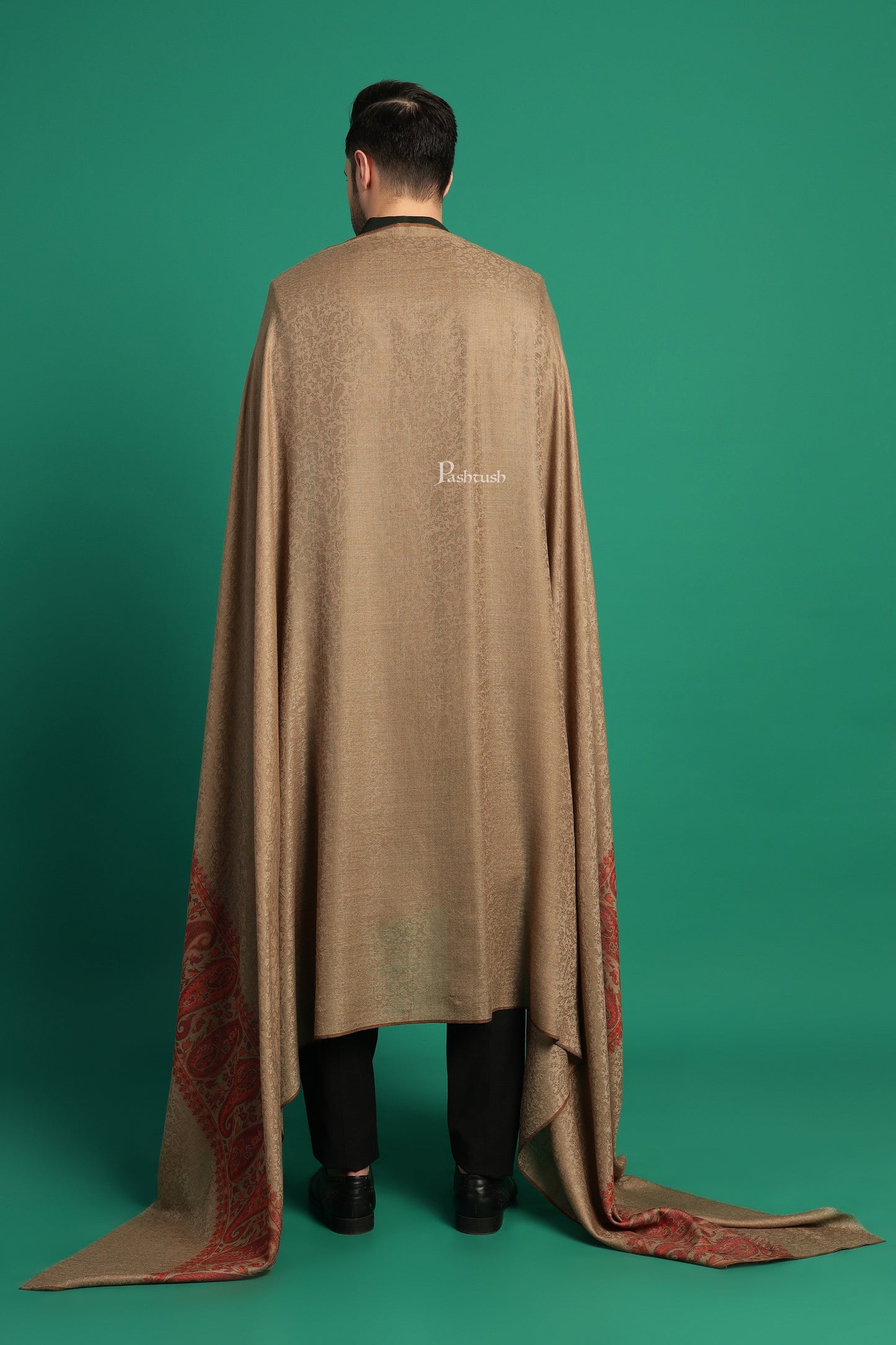 Pashtush India Mens Shawls Gents Shawl Pashtush Mens Extra Fine Wool Shawl, Paisley Design, Taupe
