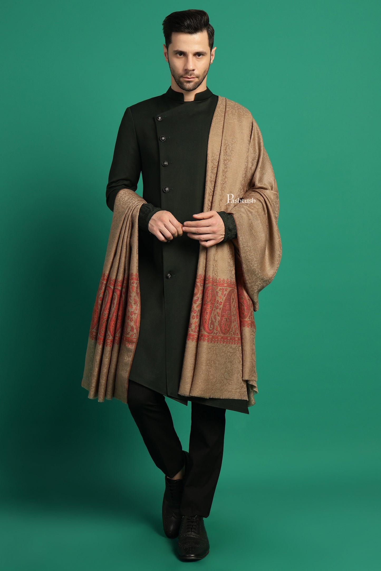Pashtush India Mens Shawls Gents Shawl Pashtush Mens Extra Fine Wool Shawl, Paisley Design, Taupe