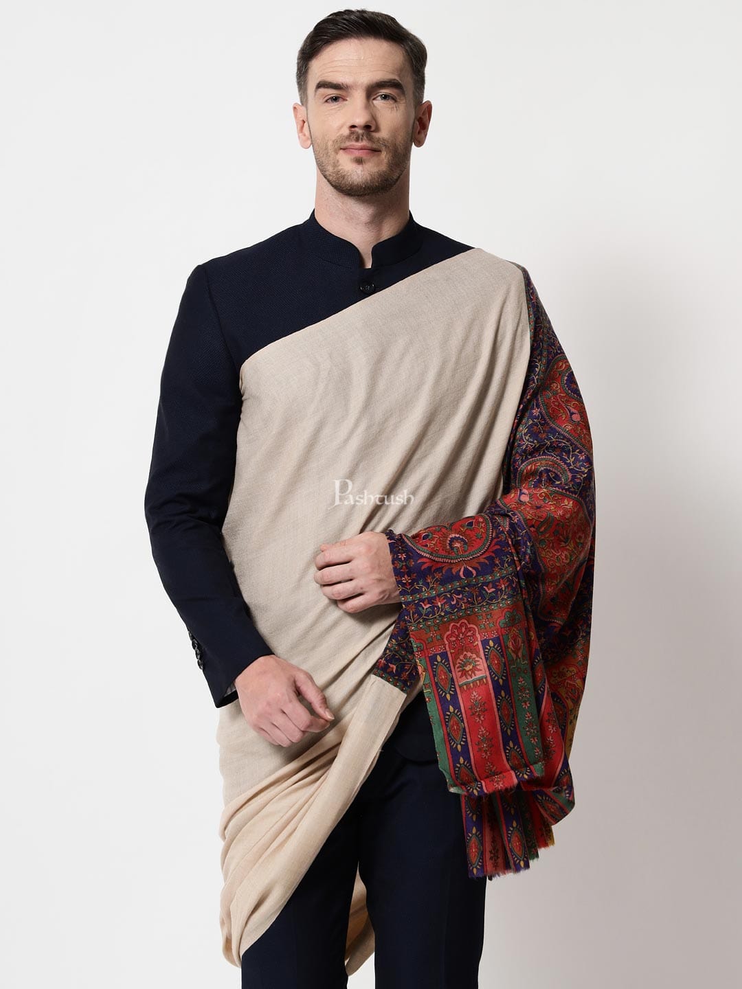 Pashtush India Mens Scarves Stoles and Mufflers Pashtush mens Extra Fine Wool shawl, Printed Palla design, Multicolour