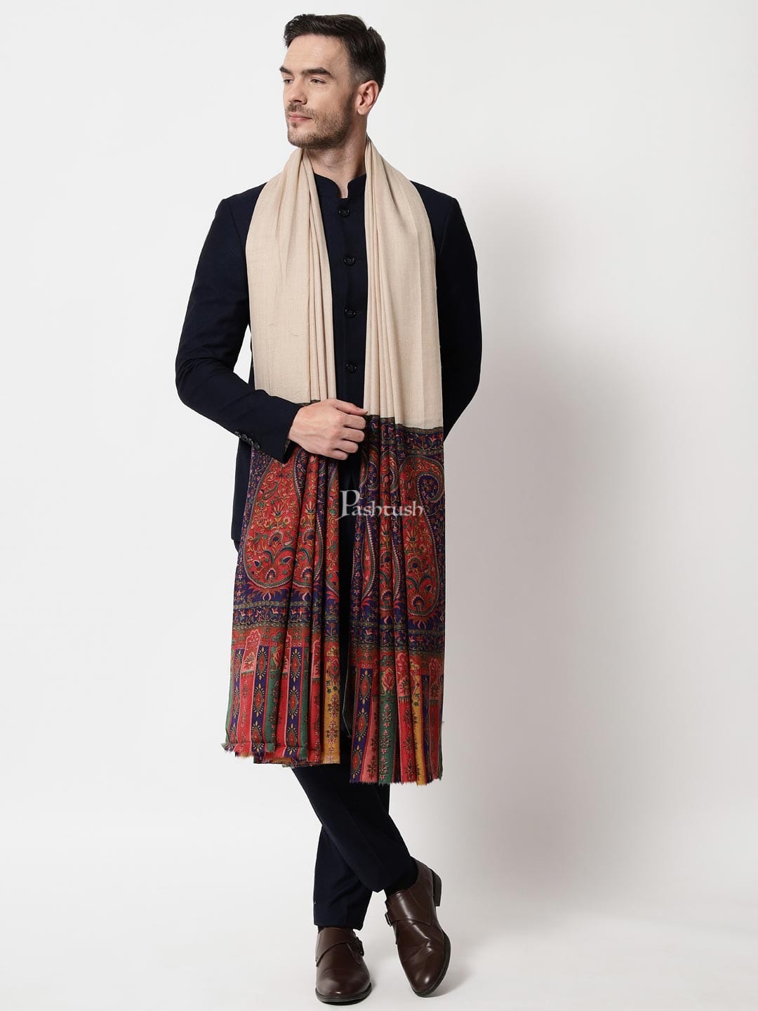 Pashtush India Mens Scarves Stoles and Mufflers Pashtush mens Extra Fine Wool shawl, Printed Palla design, Multicolour