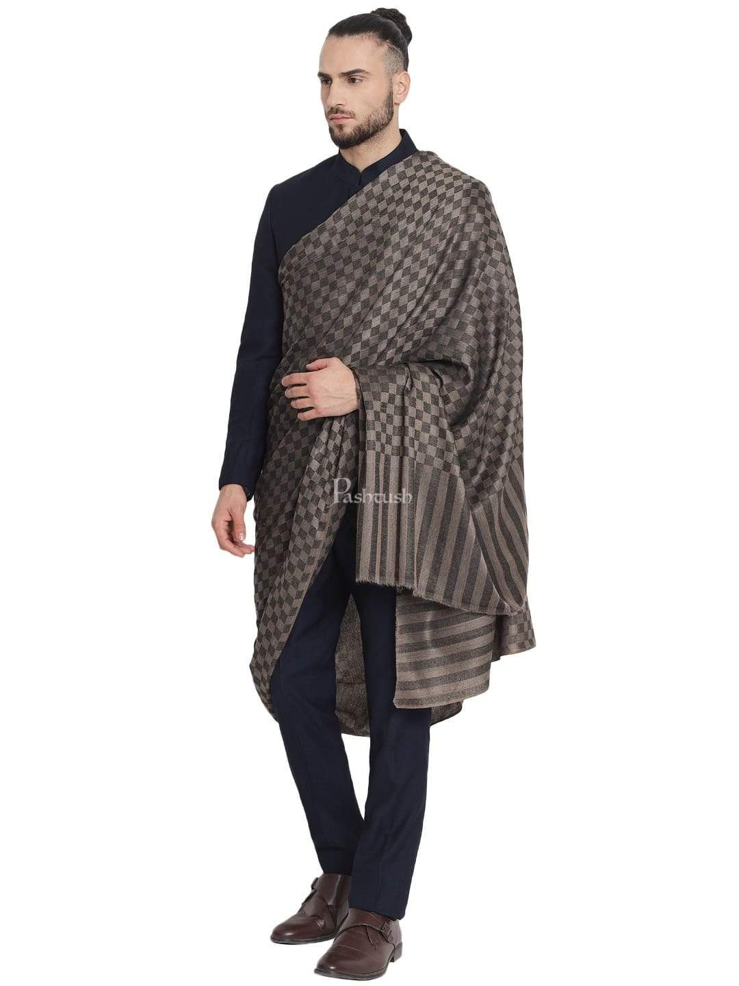 Pashtush India 114x228 Pashtush Mens Extra Fine Wool Shawl, Soft and Warm, Black, Chess Checks ( Large Wrap Size )
