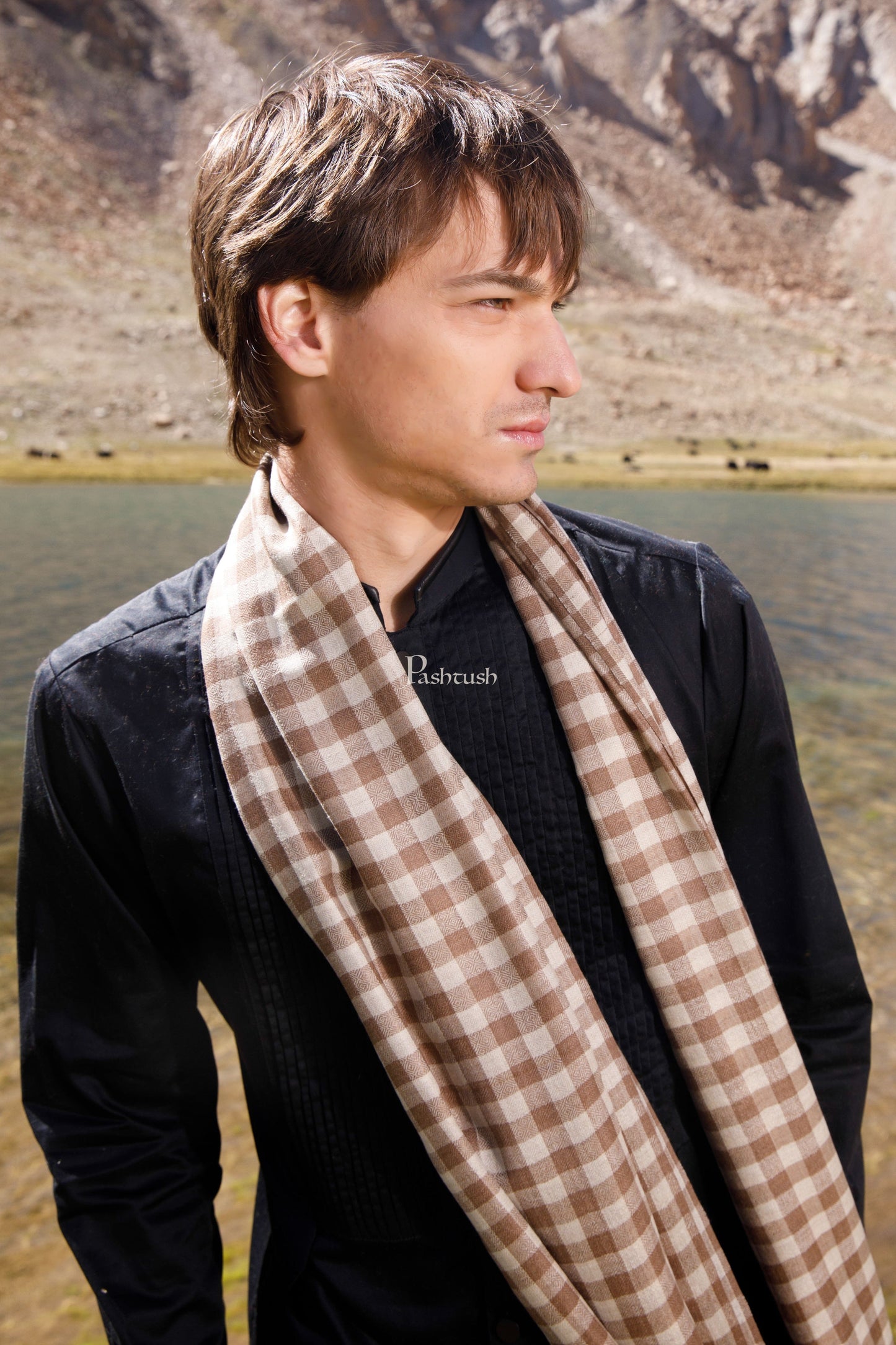 Pashtush India Mens Shawls Gents Shawl Pashtush Mens Extra Fine Wool Shawl, Soft Checkered Weave Design, Taupe