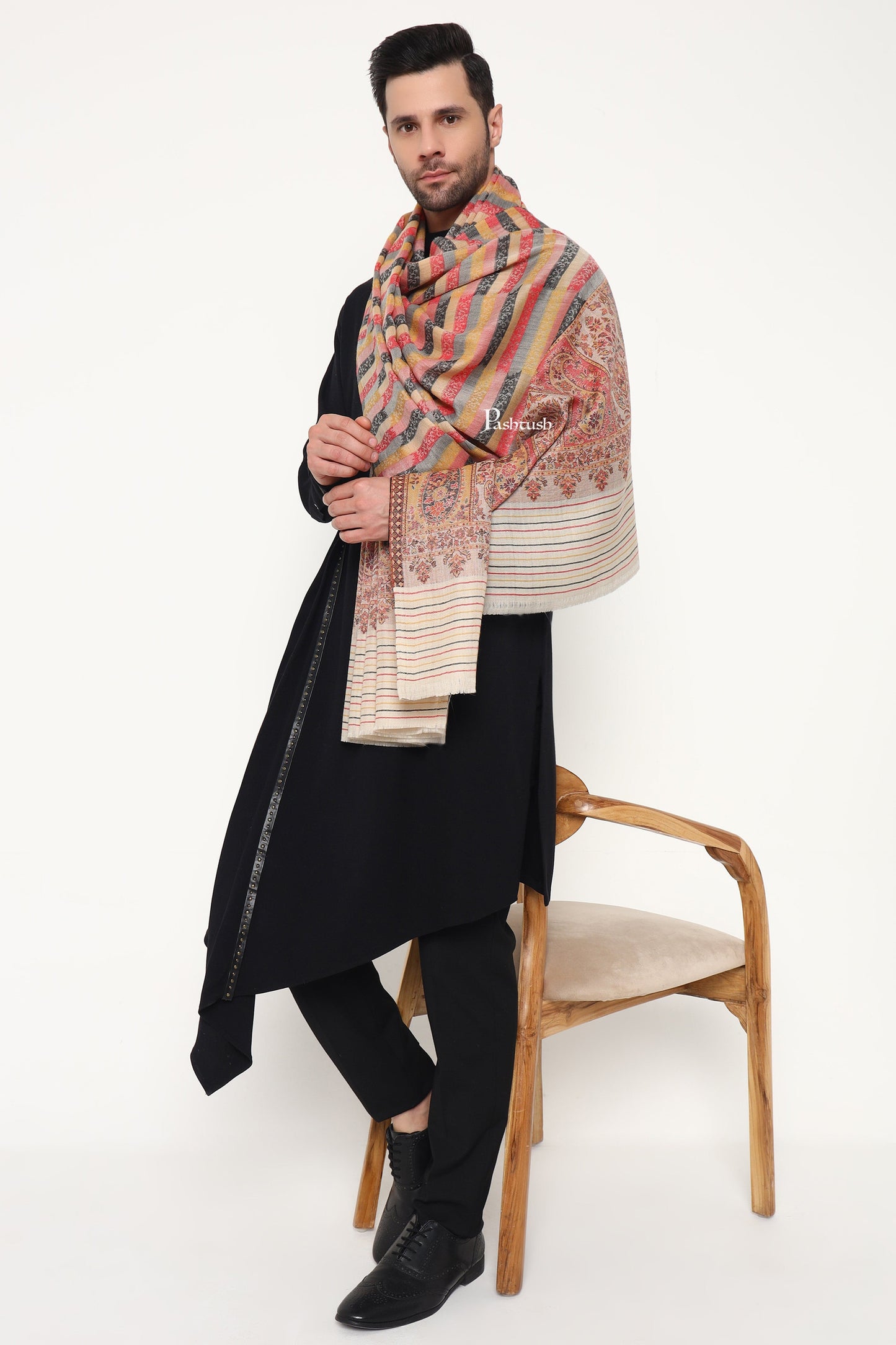 Pashtush India Mens Scarves Stoles and Mufflers Pashtush Mens Extra Fine Wool Stole, Ambi Palla Design, Beige
