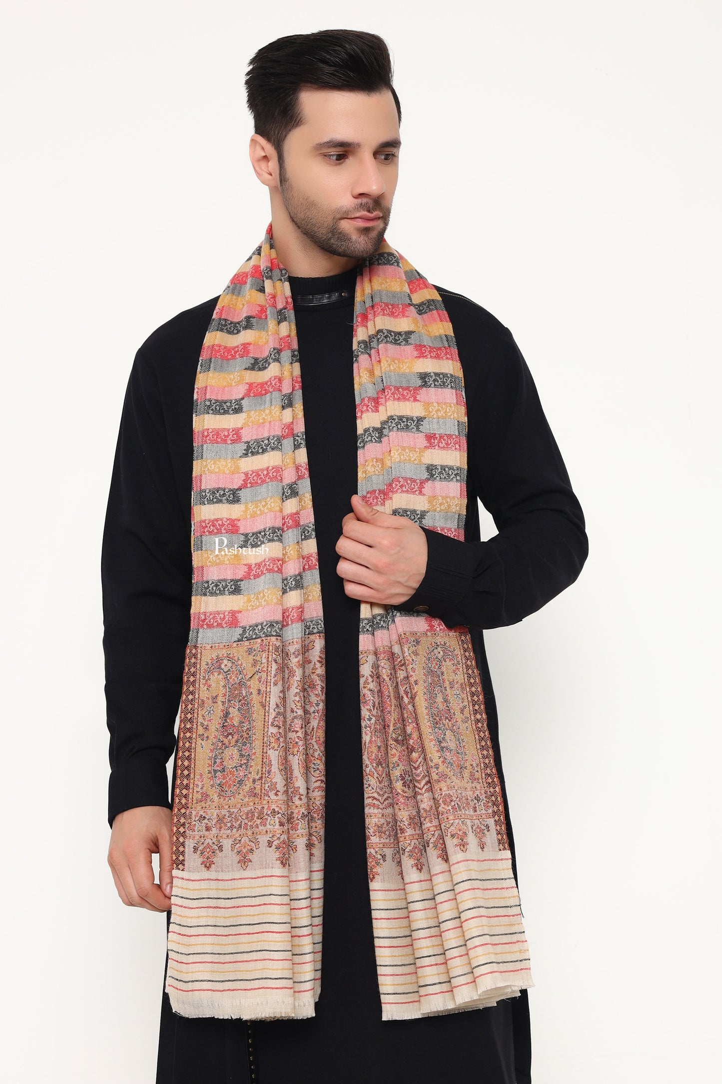 Pashtush India Mens Scarves Stoles and Mufflers Pashtush Mens Extra Fine Wool Stole, Ambi Palla Design, Beige