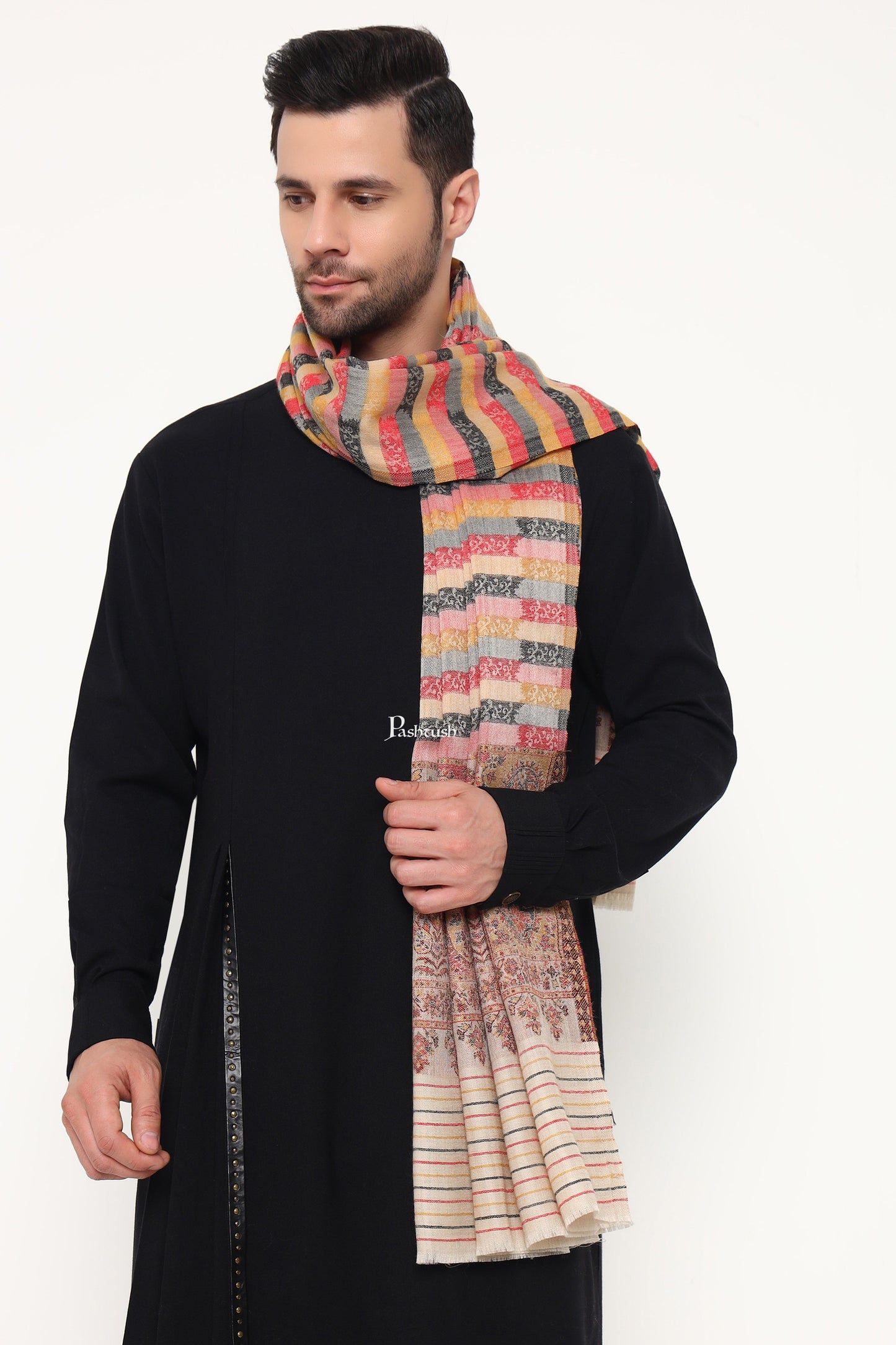 Pashtush India Mens Scarves Stoles and Mufflers Pashtush Mens Extra Fine Wool Stole, Ambi Palla Design, Beige