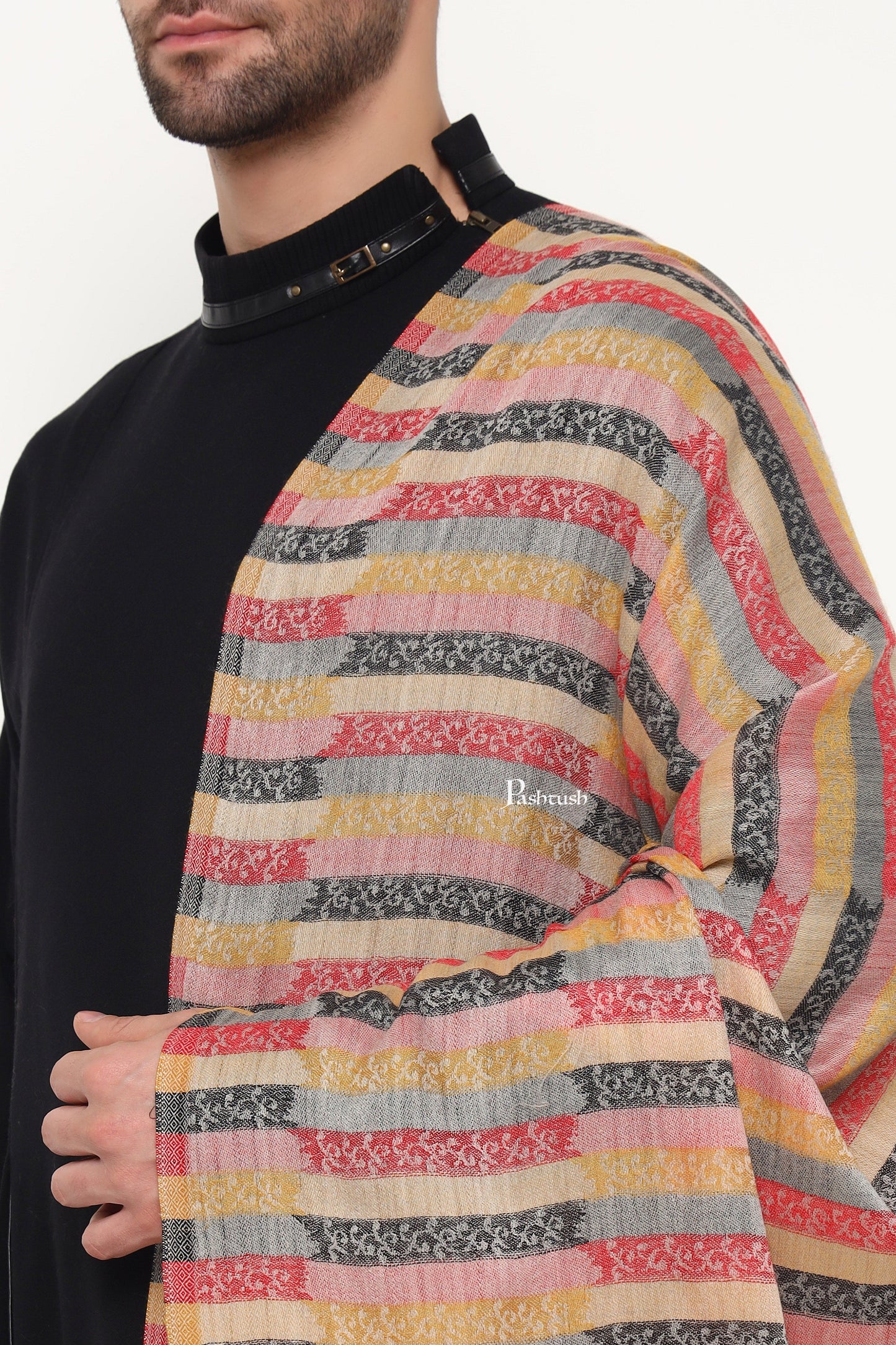 Pashtush India Mens Scarves Stoles and Mufflers Pashtush Mens Extra Fine Wool Stole, Ambi Palla Design, Beige