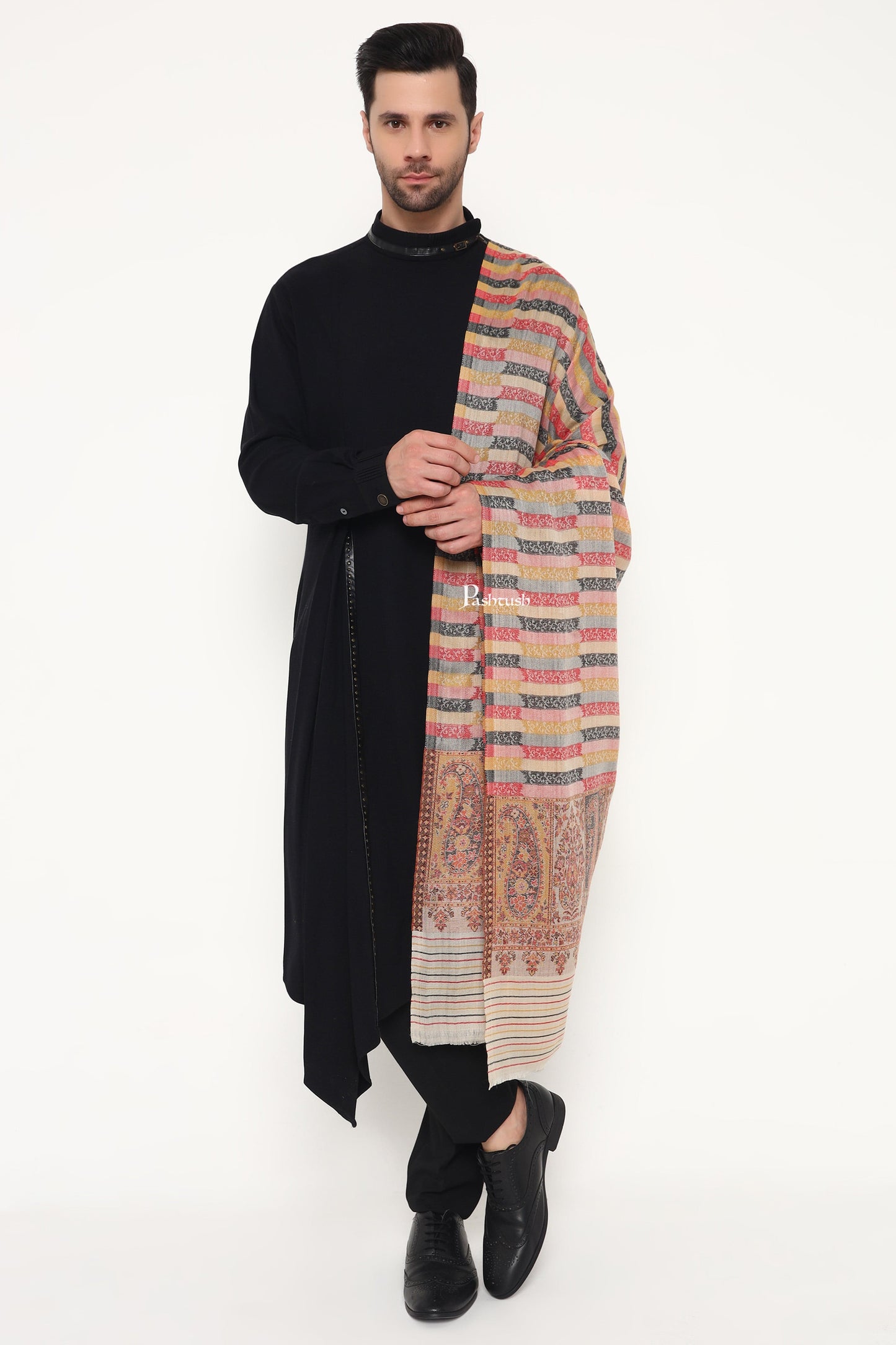 Pashtush India Mens Scarves Stoles and Mufflers Pashtush Mens Extra Fine Wool Stole, Ambi Palla Design, Beige