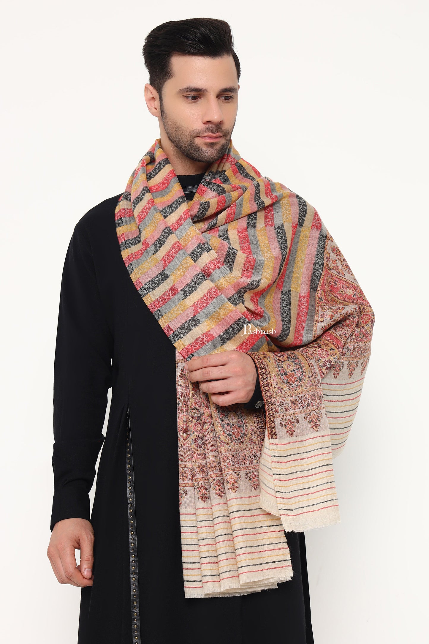 Pashtush India Mens Scarves Stoles and Mufflers Pashtush Mens Extra Fine Wool Stole, Ambi Palla Design, Beige