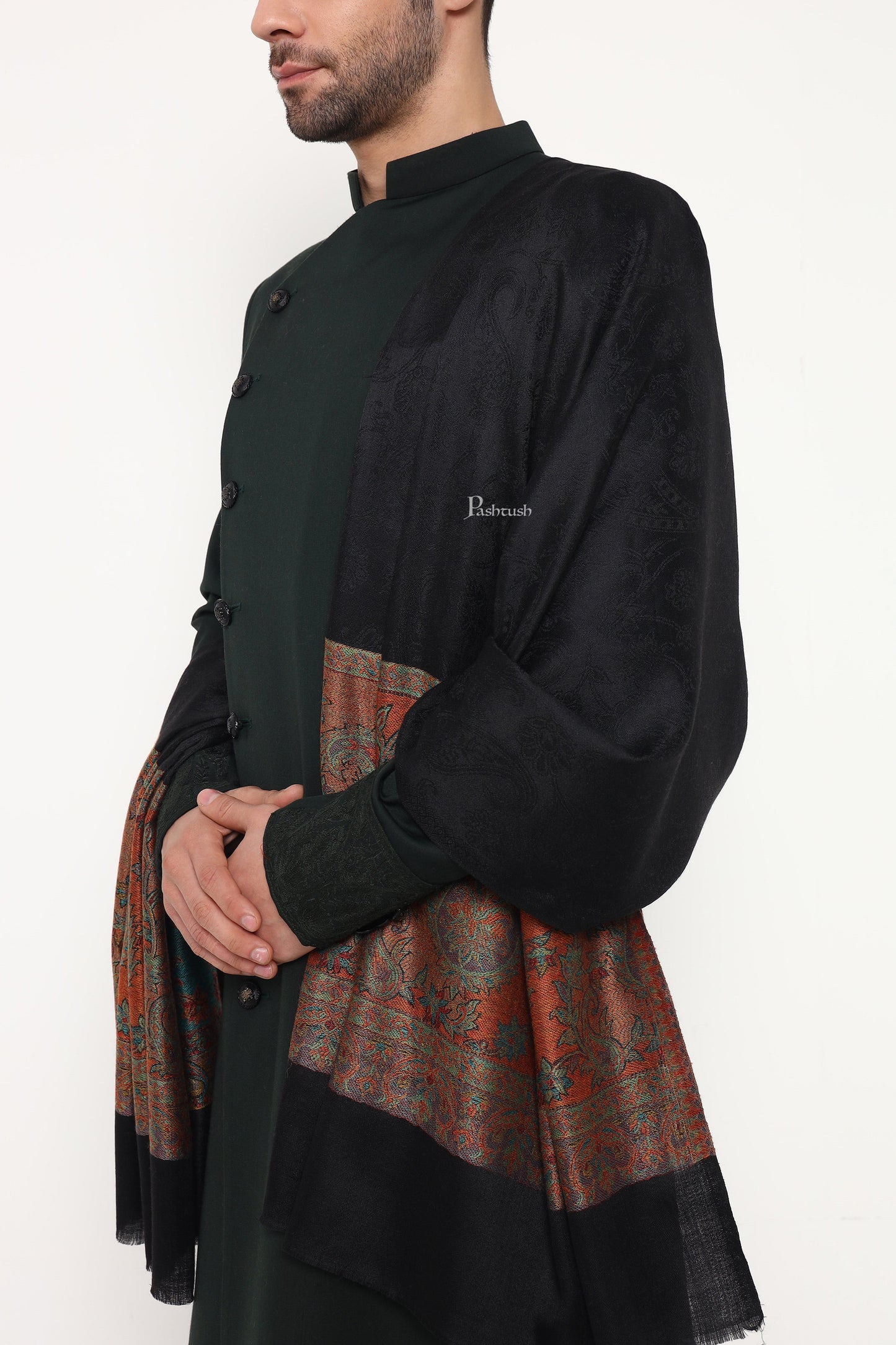 Pashtush India Mens Scarves Stoles and Mufflers Pashtush Mens Extra Fine Wool Stole, Ambi Palla Design, Black