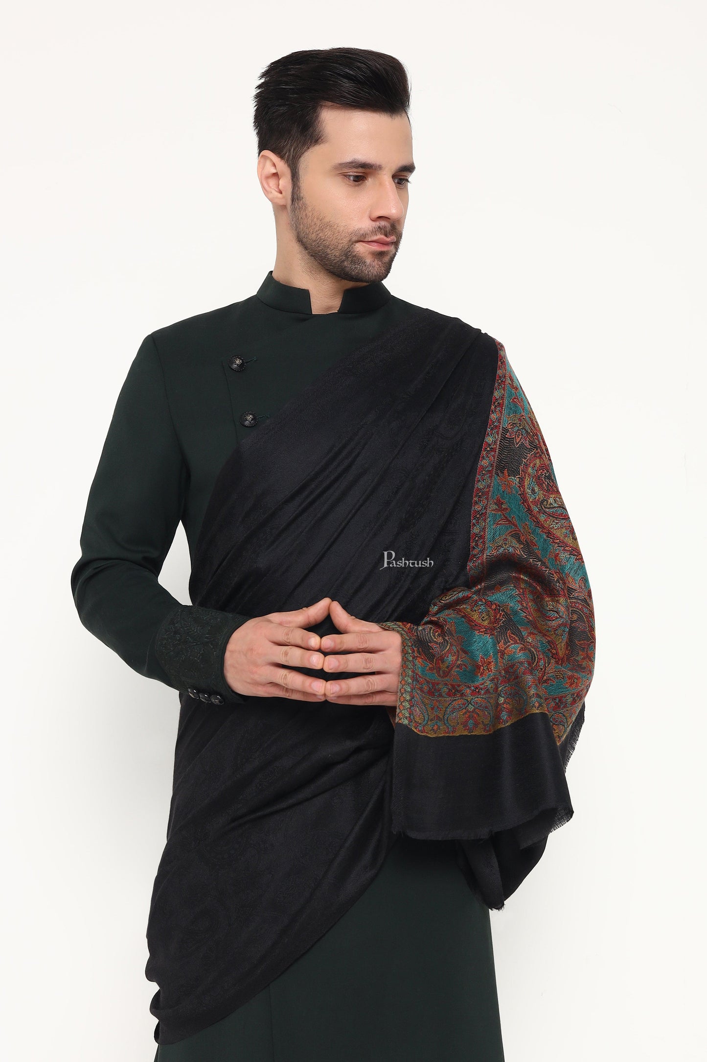 Pashtush India Mens Scarves Stoles and Mufflers Pashtush Mens Extra Fine Wool Stole, Ambi Palla Design, Black
