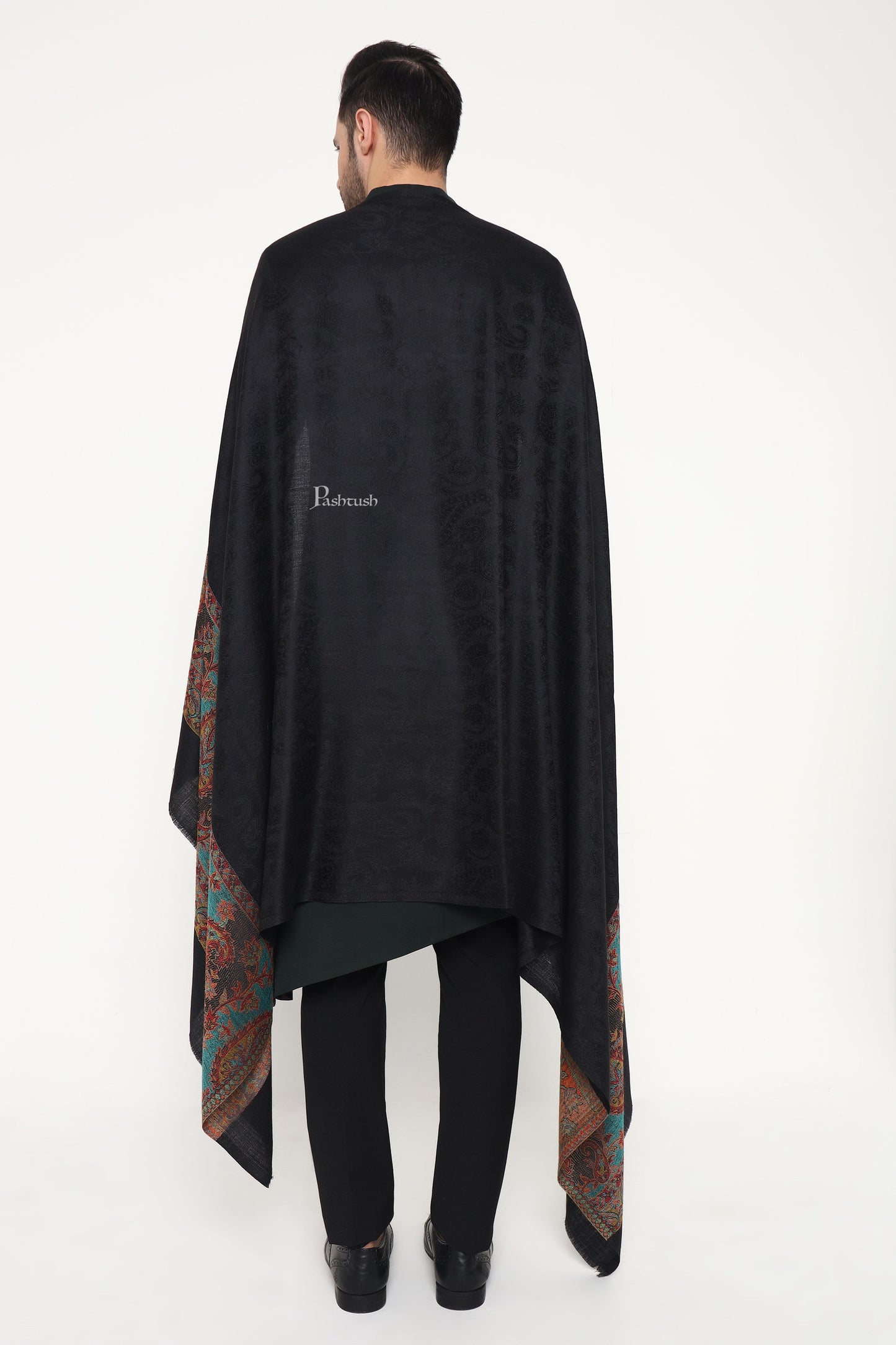 Pashtush India Mens Scarves Stoles and Mufflers Pashtush Mens Extra Fine Wool Stole, Ambi Palla Design, Black