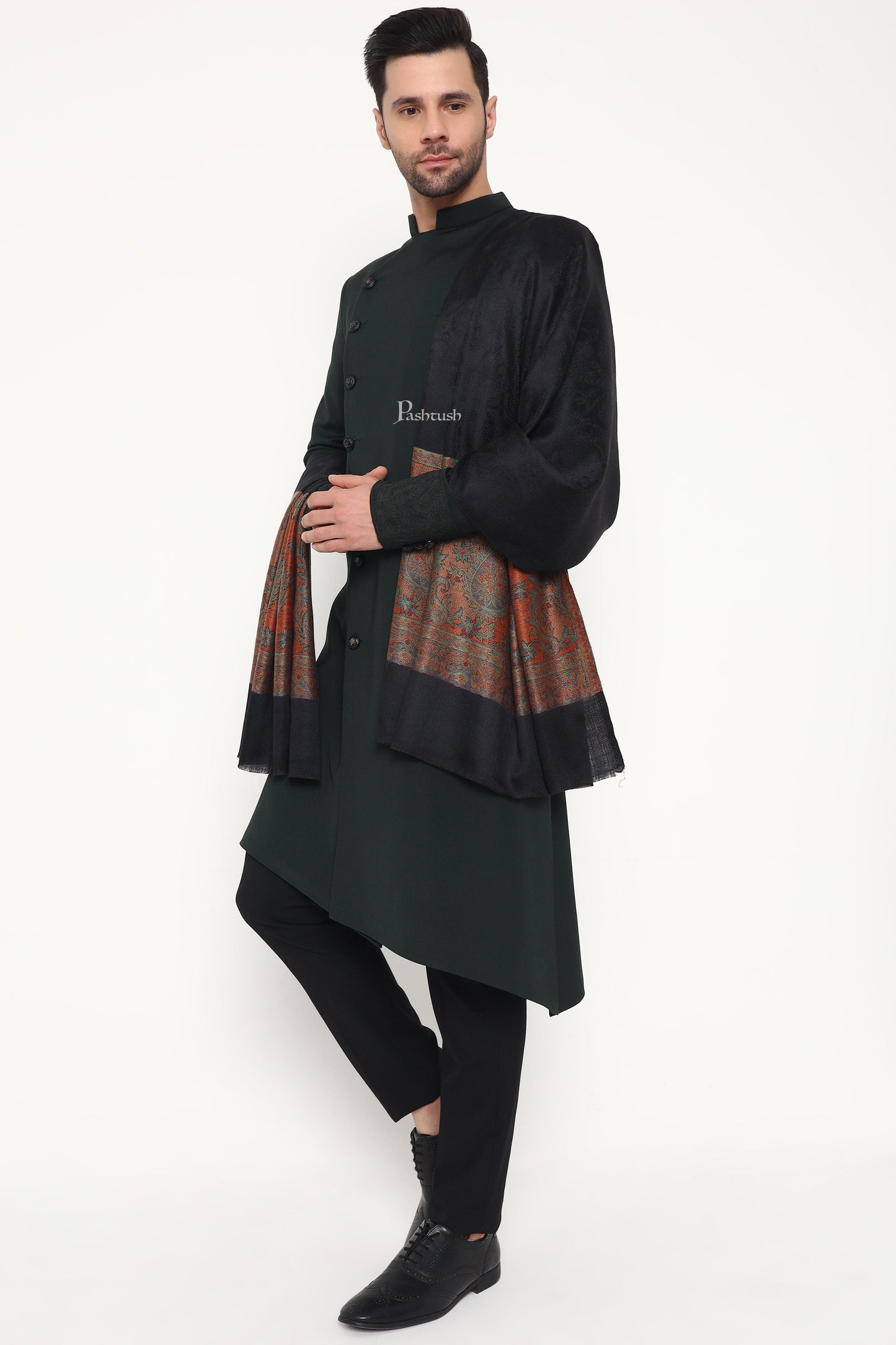 Pashtush India Mens Scarves Stoles and Mufflers Pashtush Mens Extra Fine Wool Stole, Ambi Palla Design, Black