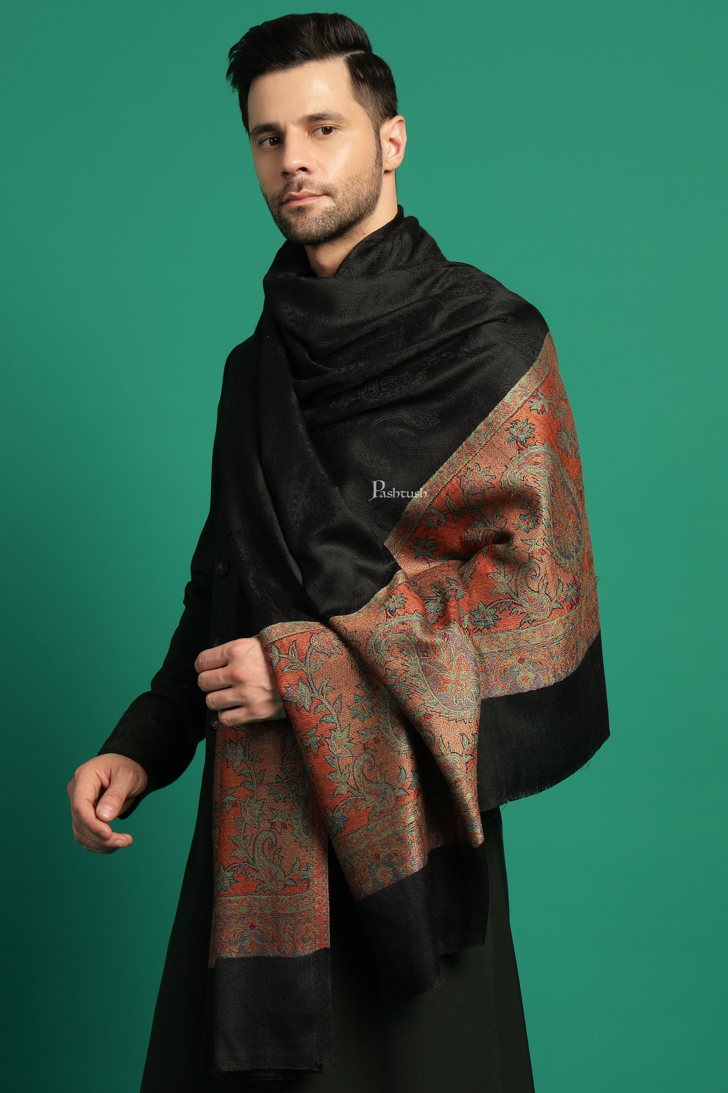 Pashtush India Mens Scarves Stoles and Mufflers Pashtush Mens Extra Fine Wool Stole, Ambi Palla Design, Black