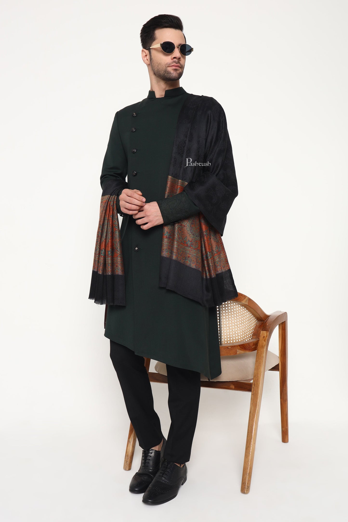 Pashtush India Mens Scarves Stoles and Mufflers Pashtush Mens Extra Fine Wool Stole, Ambi Palla Design, Black