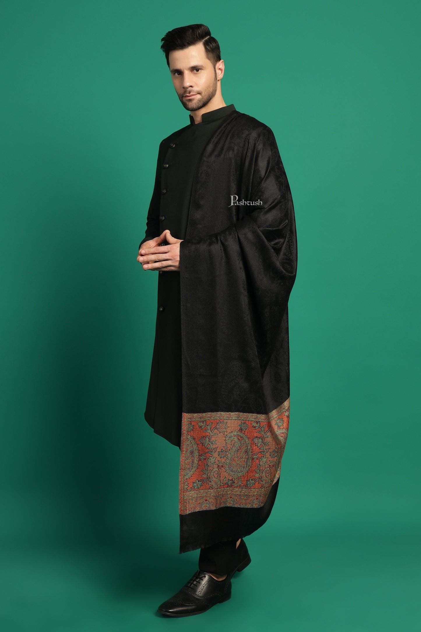 Pashtush India Mens Scarves Stoles and Mufflers Pashtush Mens Extra Fine Wool Stole, Ambi Palla Design, Black