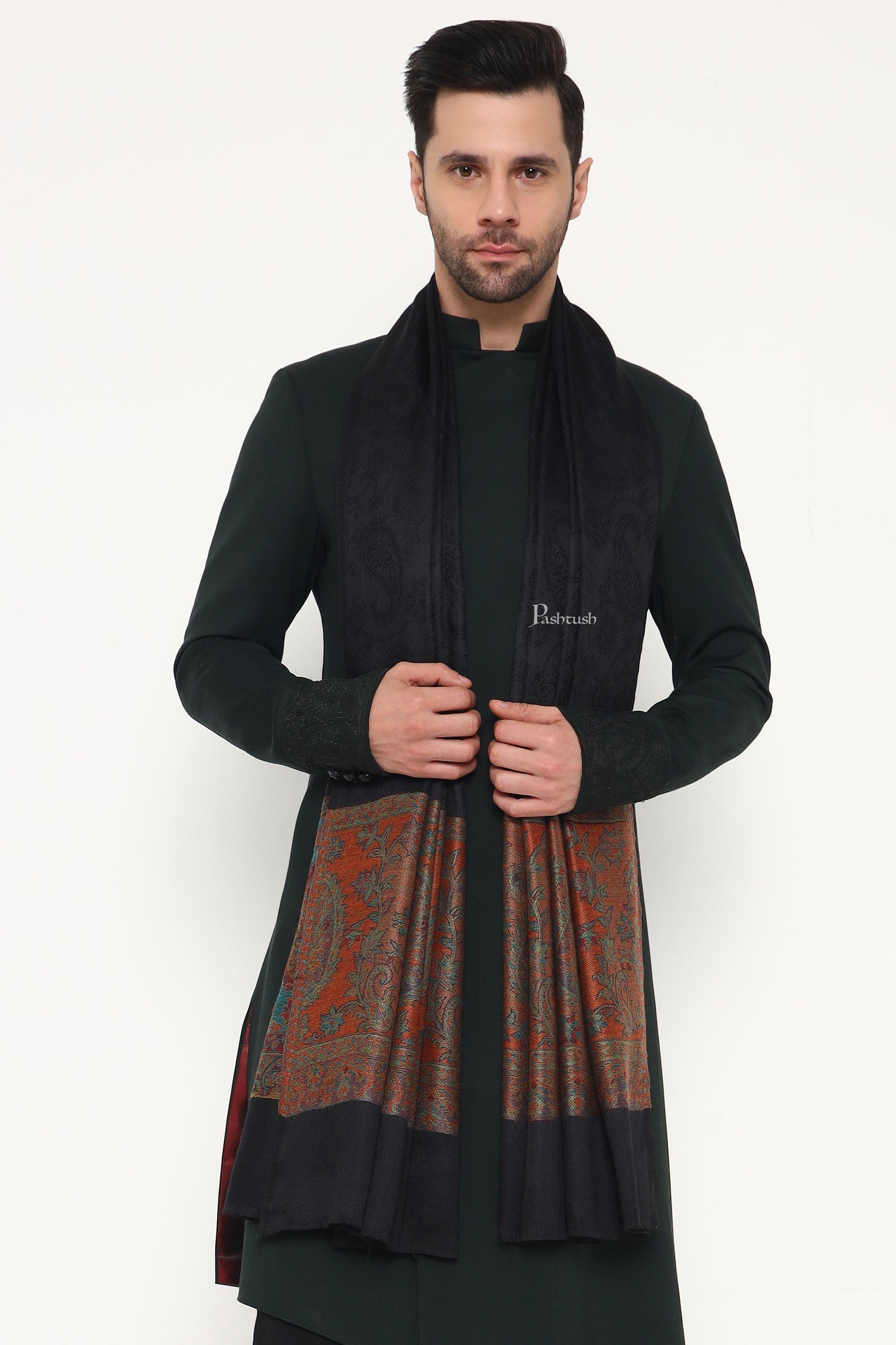 Pashtush India Mens Scarves Stoles and Mufflers Pashtush Mens Extra Fine Wool Stole, Ambi Palla Design, Black