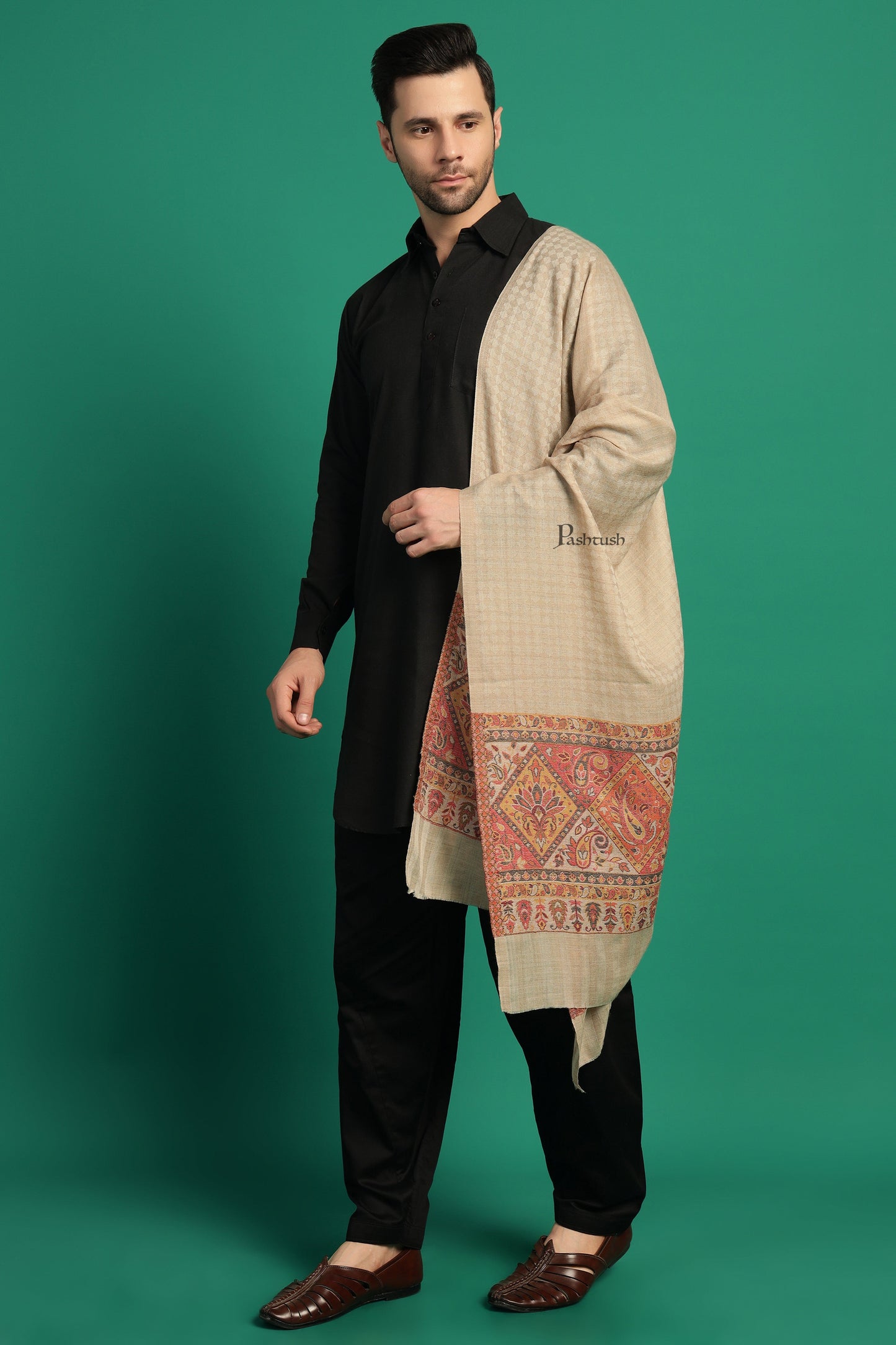 Pashtush India Mens Scarves Stoles and Mufflers Pashtush Mens Extra Fine Wool Stole, Aztec Palla Design, Beige