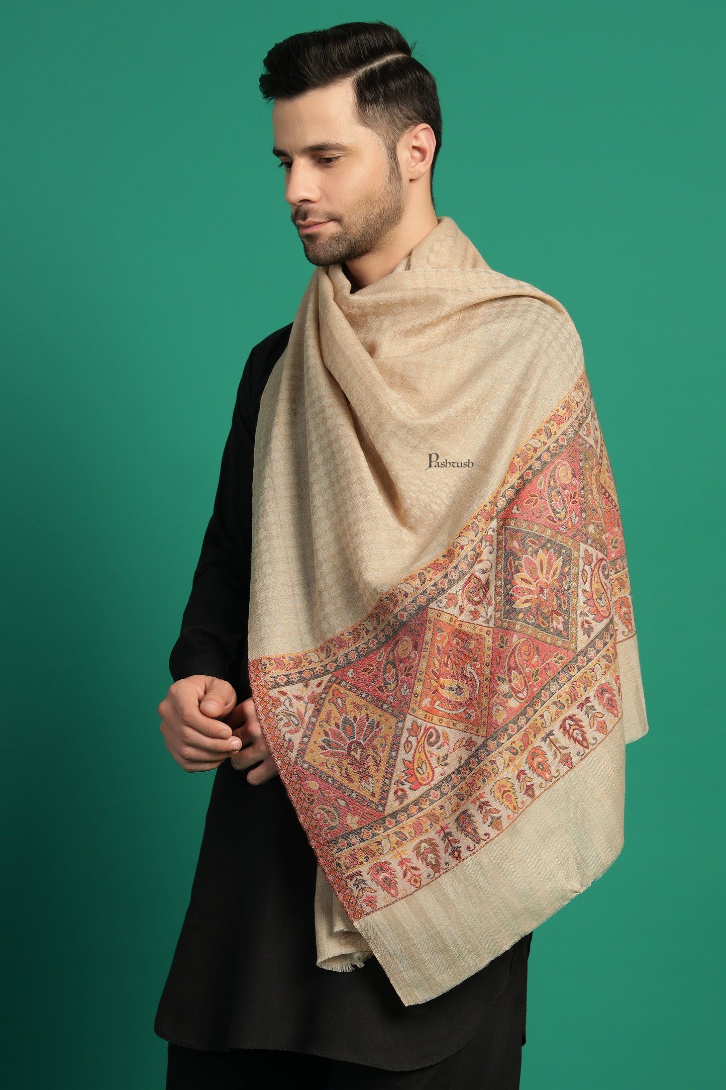Pashtush India Mens Scarves Stoles and Mufflers Pashtush Mens Extra Fine Wool Stole, Aztec Palla Design, Beige