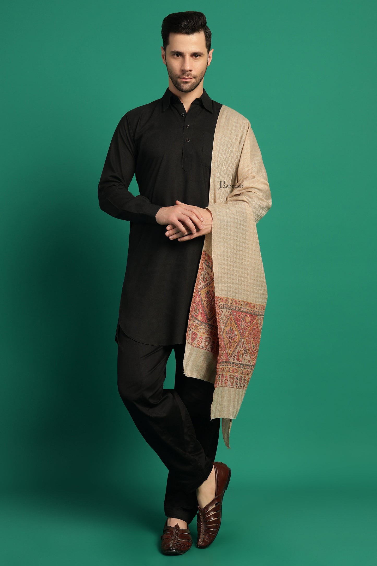 Pashtush India Mens Scarves Stoles and Mufflers Pashtush Mens Extra Fine Wool Stole, Aztec Palla Design, Beige