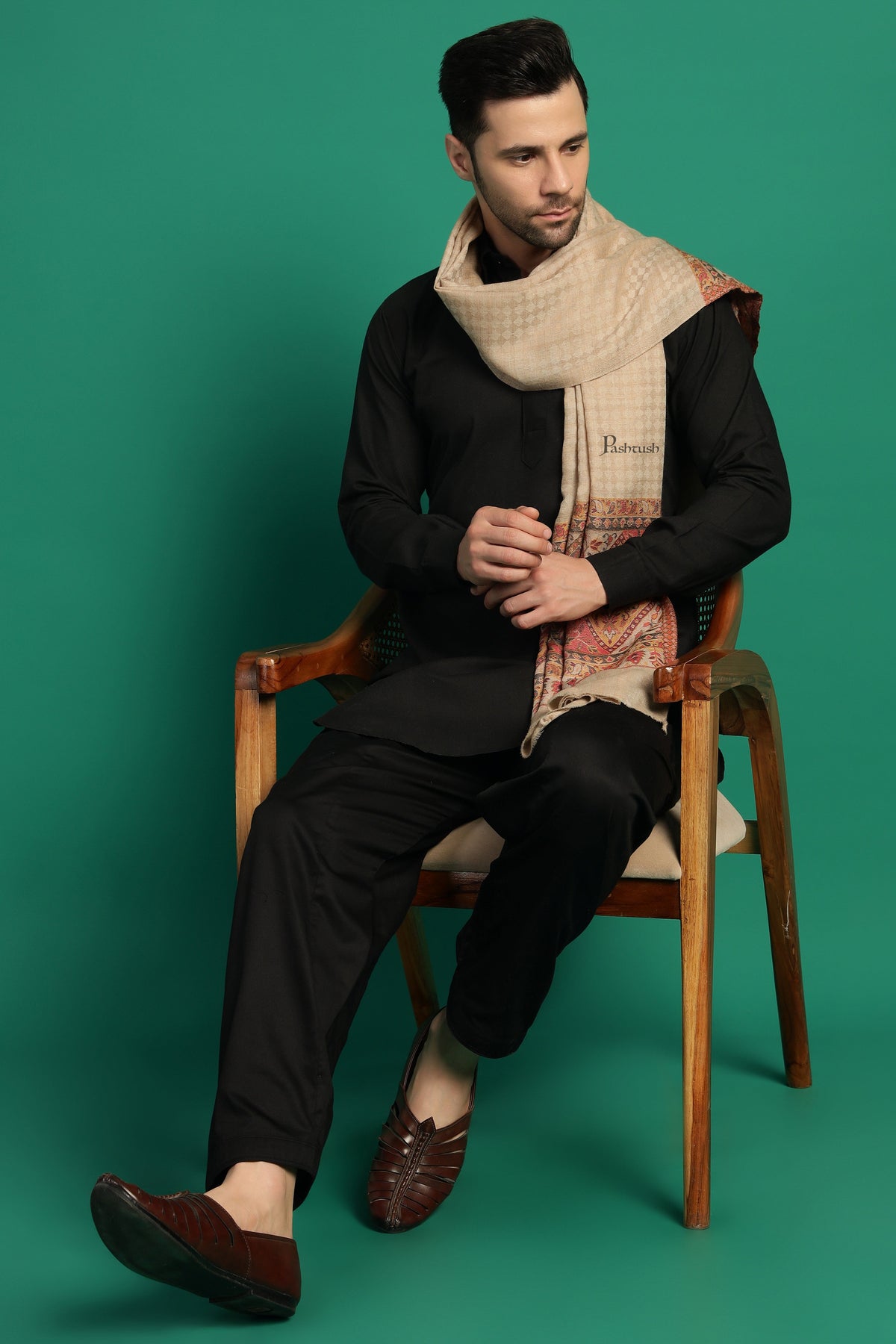 Pashtush India Mens Scarves Stoles and Mufflers Pashtush Mens Extra Fine Wool Stole, Aztec Palla Design, Beige