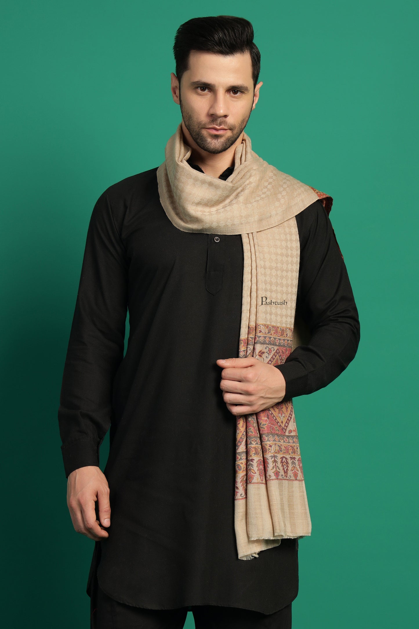 Pashtush India Mens Scarves Stoles and Mufflers Pashtush Mens Extra Fine Wool Stole, Aztec Palla Design, Beige