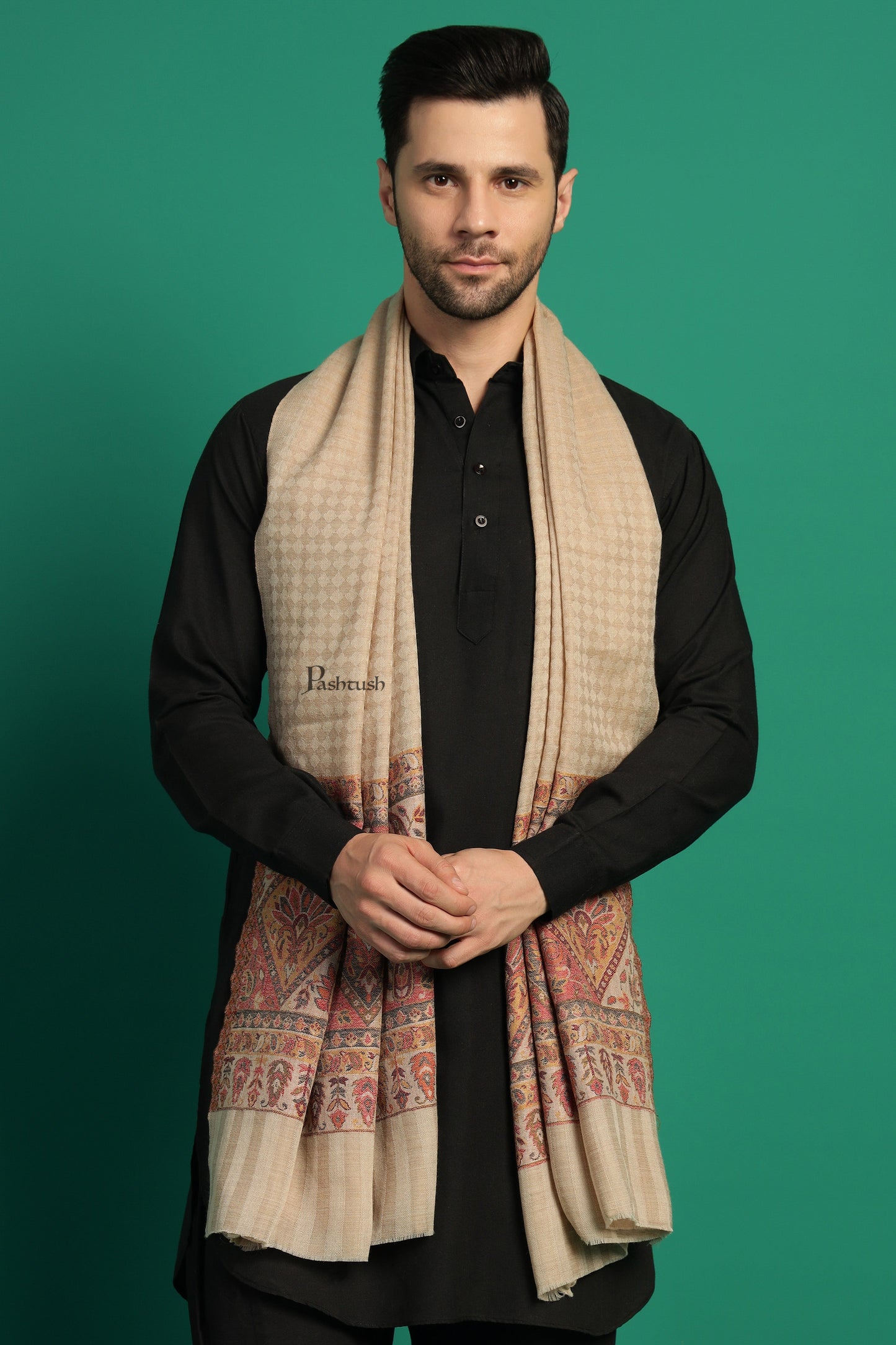 Pashtush India Mens Scarves Stoles and Mufflers Pashtush Mens Extra Fine Wool Stole, Aztec Palla Design, Beige