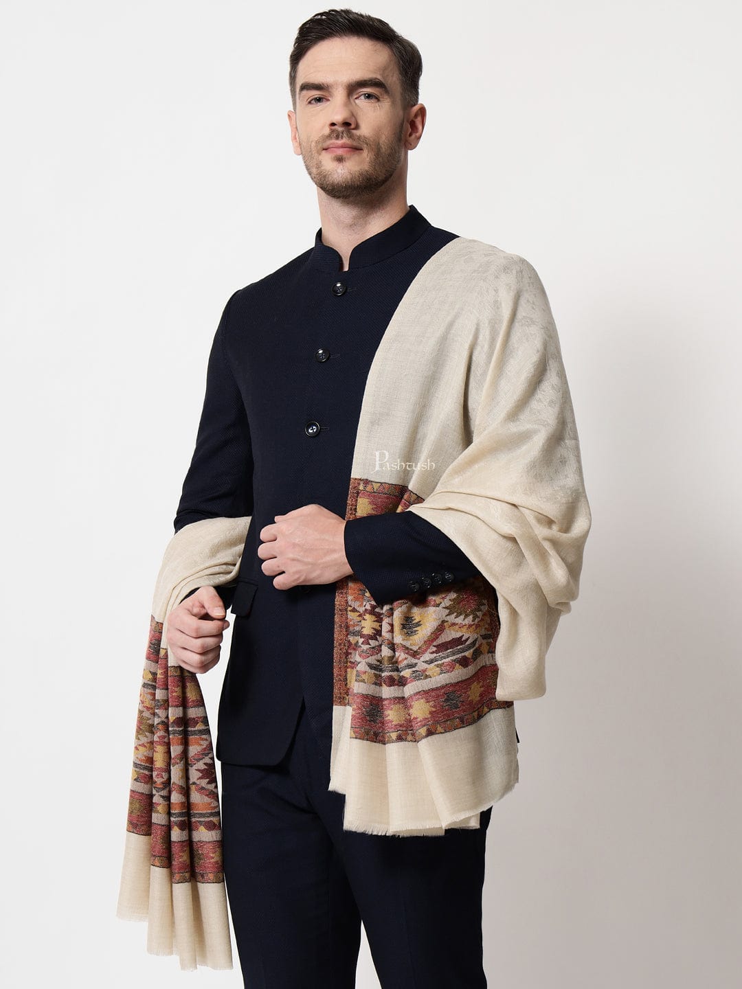 Pashtush India Mens Scarves Stoles and Mufflers Pashtush mens Extra Fine Wool stole, aztec weave design, Beige