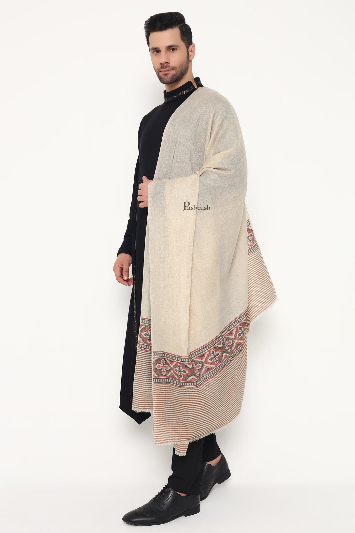Pashtush India Mens Scarves Stoles and Mufflers Pashtush Mens Extra Fine Wool Stole, Aztec Weave Design, Beige