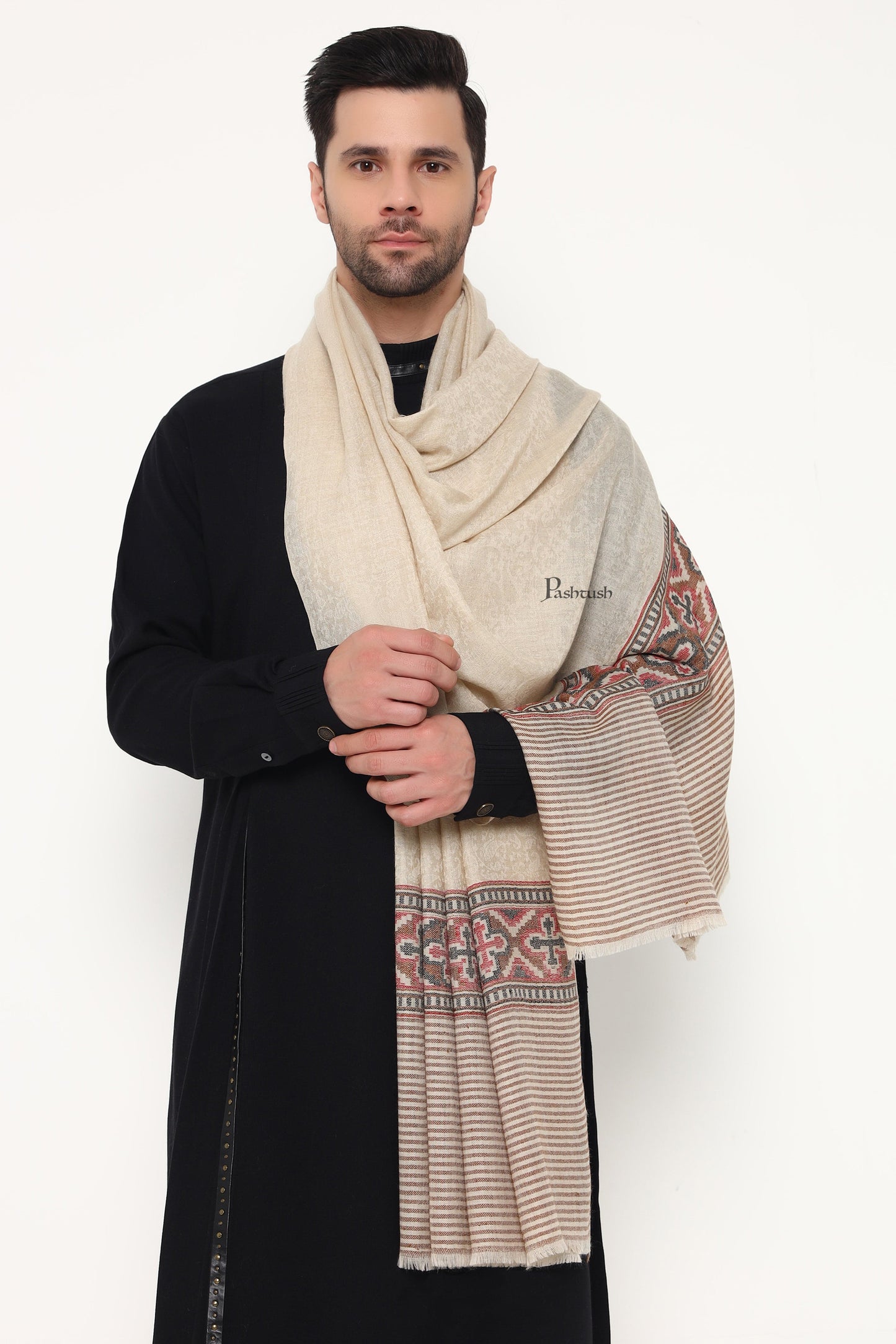 Pashtush India Mens Scarves Stoles and Mufflers Pashtush Mens Extra Fine Wool Stole, Aztec Weave Design, Beige