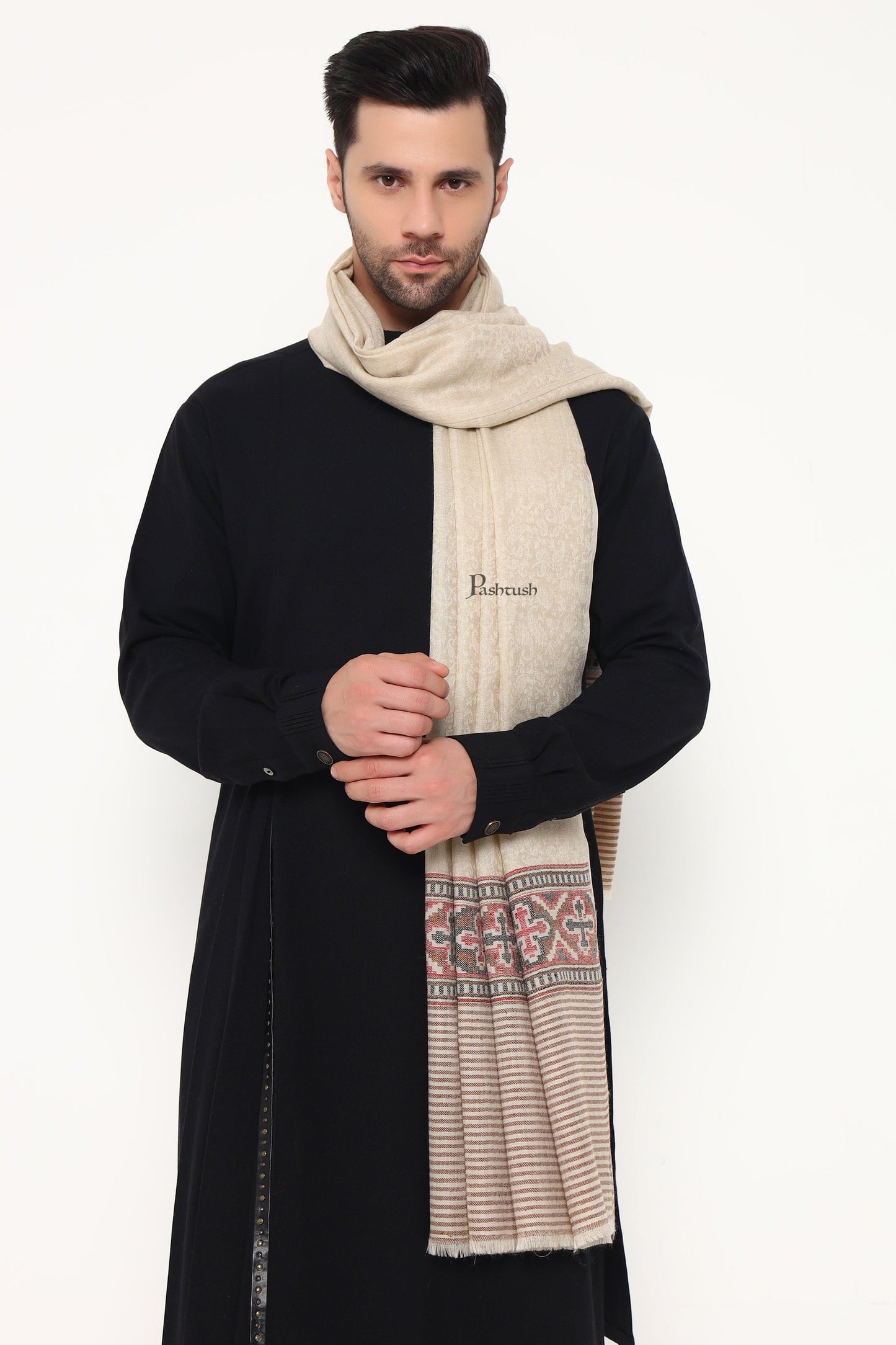 Pashtush India Mens Scarves Stoles and Mufflers Pashtush Mens Extra Fine Wool Stole, Aztec Weave Design, Beige