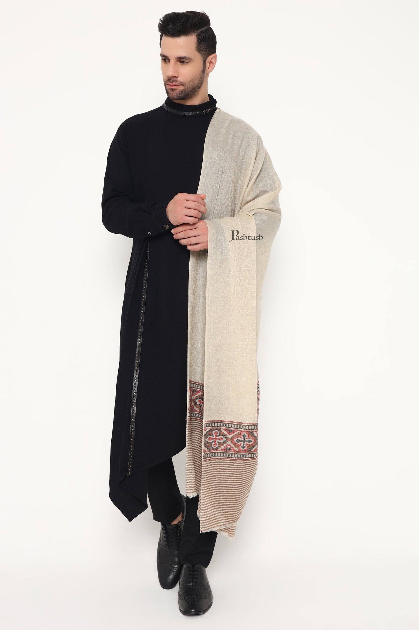Pashtush India Mens Scarves Stoles and Mufflers Pashtush Mens Extra Fine Wool Stole, Aztec Weave Design, Beige