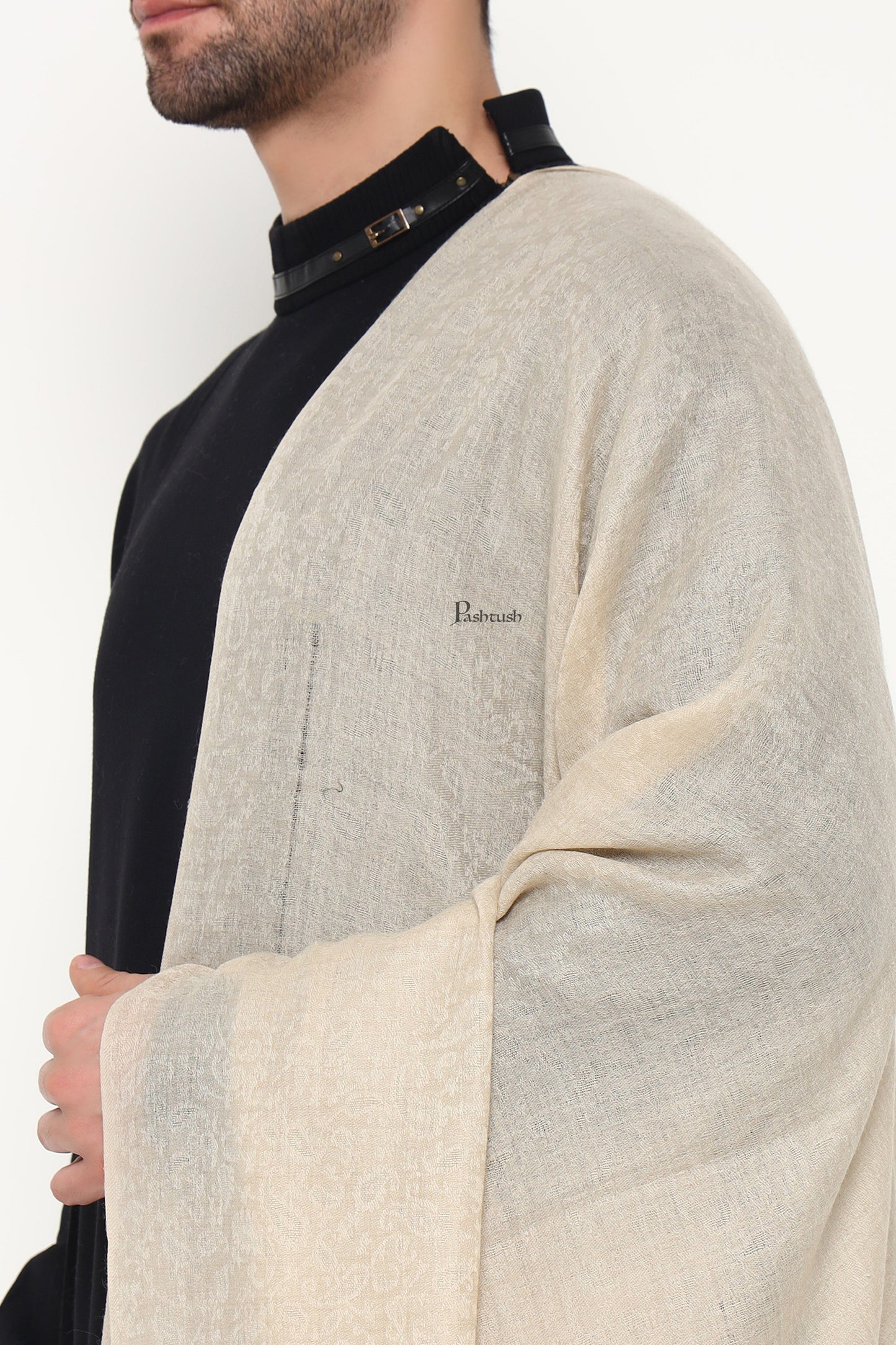 Pashtush India Mens Scarves Stoles and Mufflers Pashtush Mens Extra Fine Wool Stole, Aztec Weave Design, Beige