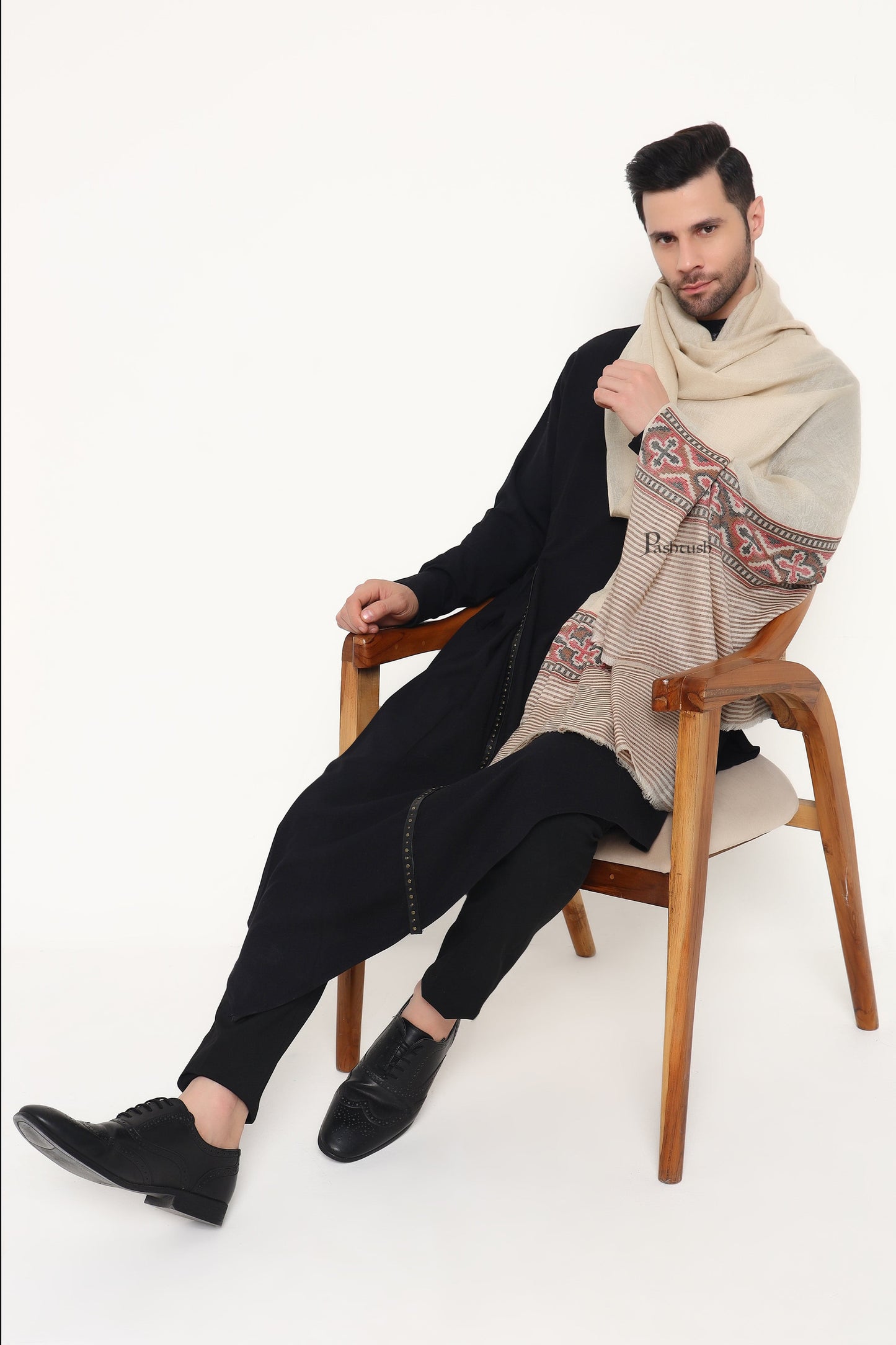 Pashtush India Mens Scarves Stoles and Mufflers Pashtush Mens Extra Fine Wool Stole, Aztec Weave Design, Beige