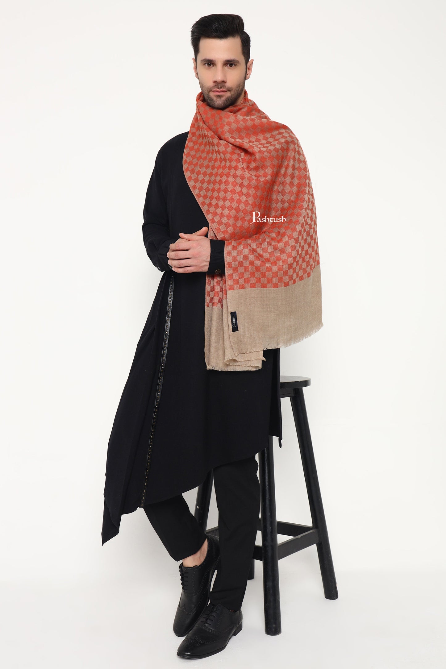 Pashtush India Mens Scarves Stoles and Mufflers Pashtush Mens Extra Fine Wool Stole, Checkerd Design, Orange