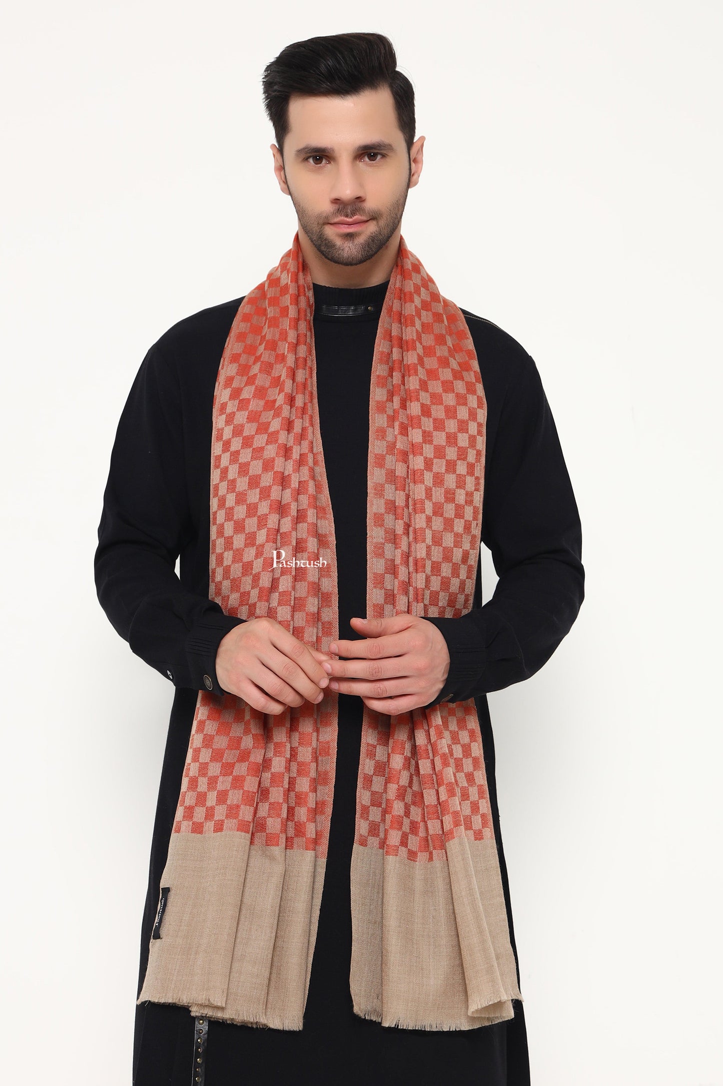Pashtush India Mens Scarves Stoles and Mufflers Pashtush Mens Extra Fine Wool Stole, Checkerd Design, Orange