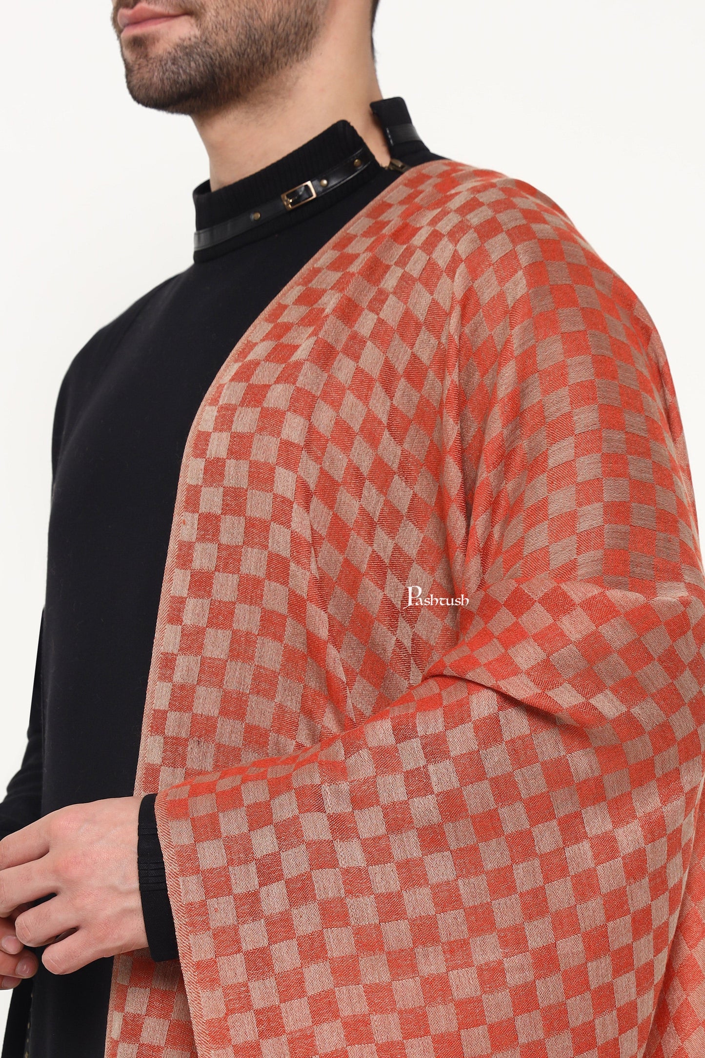 Pashtush India Mens Scarves Stoles and Mufflers Pashtush Mens Extra Fine Wool Stole, Checkerd Design, Orange