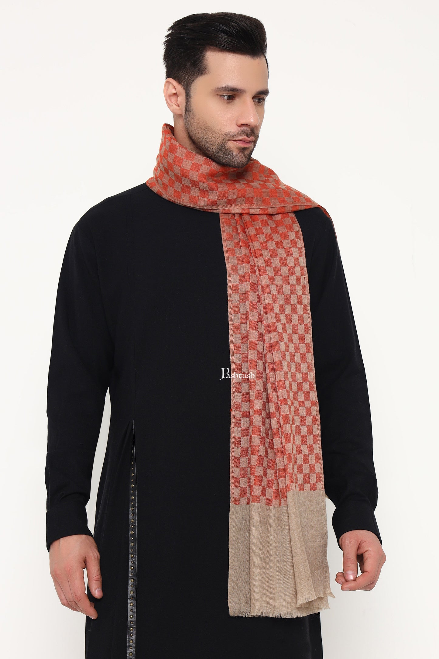 Pashtush India Mens Scarves Stoles and Mufflers Pashtush Mens Extra Fine Wool Stole, Checkerd Design, Orange