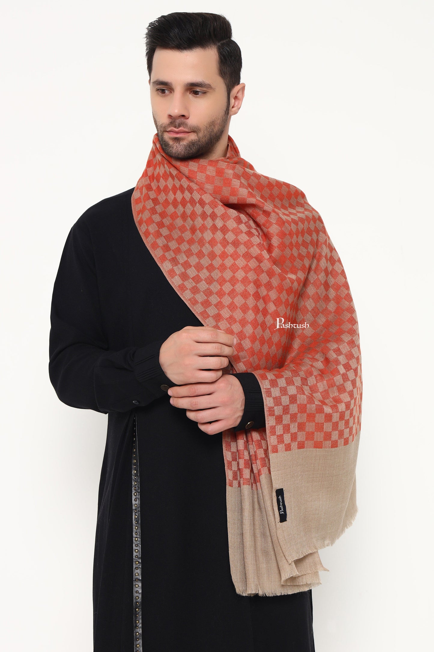 Pashtush India Mens Scarves Stoles and Mufflers Pashtush Mens Extra Fine Wool Stole, Checkerd Design, Orange