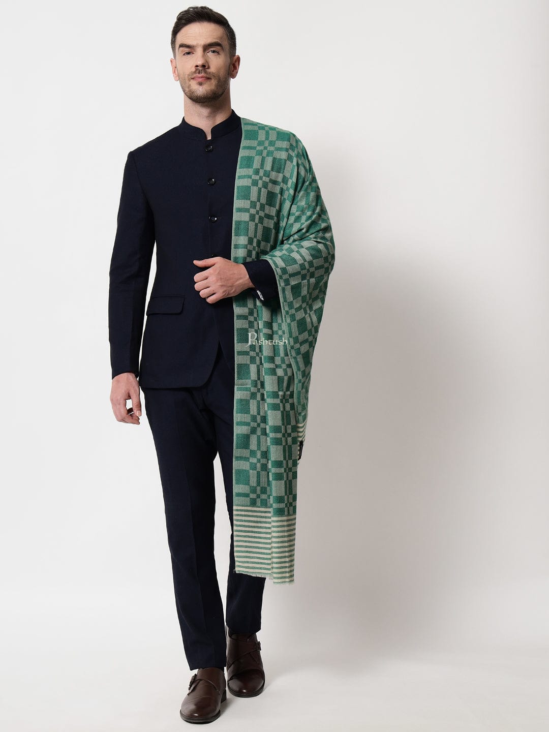 Pashtush India Mens Scarves Stoles and Mufflers Pashtush mens Extra Fine Wool stole, checkered design, Green