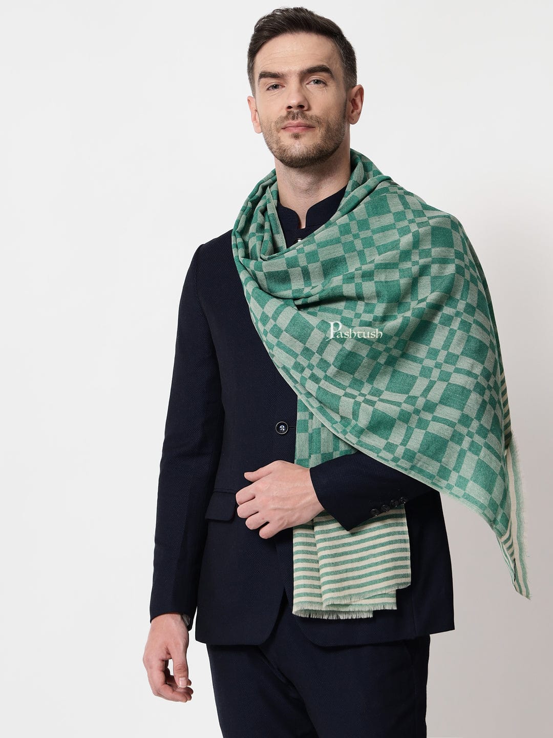Pashtush India Mens Scarves Stoles and Mufflers Pashtush mens Extra Fine Wool stole, checkered design, Green