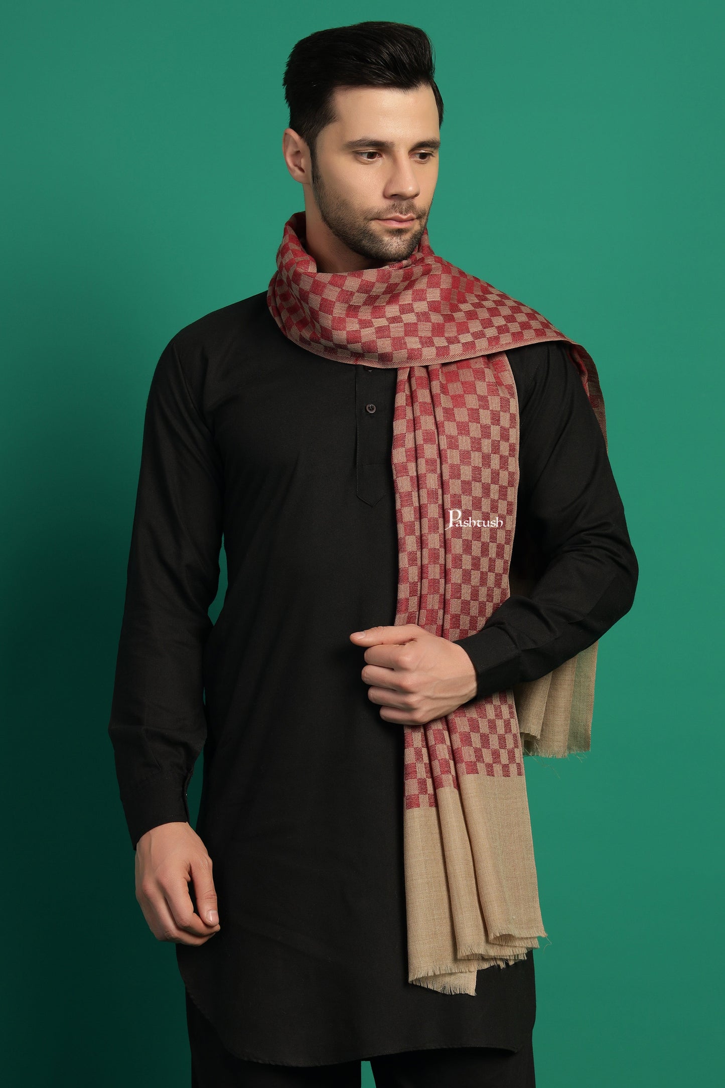 Pashtush India Mens Scarves Stoles and Mufflers Pashtush Mens Extra Fine Wool Stole, Checkered Design, Maroon