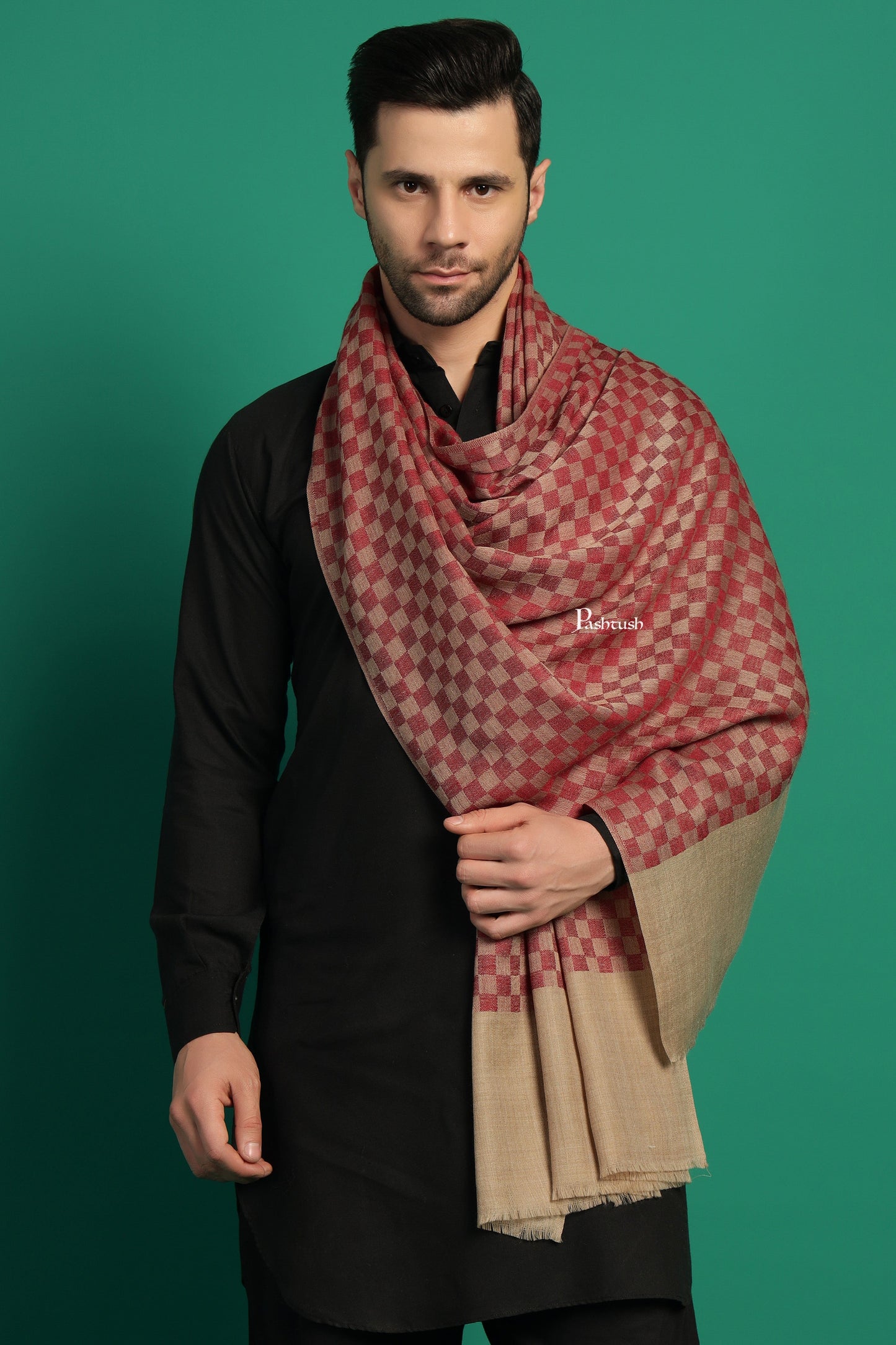 Pashtush India Mens Scarves Stoles and Mufflers Pashtush Mens Extra Fine Wool Stole, Checkered Design, Maroon