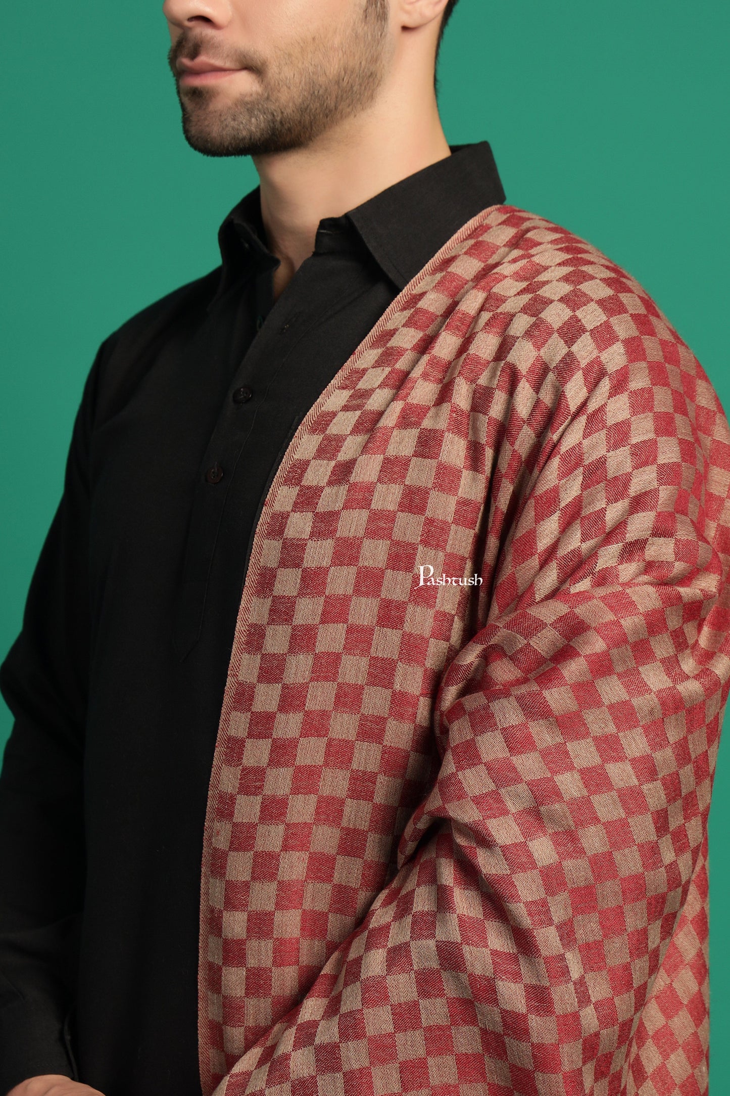 Pashtush India Mens Scarves Stoles and Mufflers Pashtush Mens Extra Fine Wool Stole, Checkered Design, Maroon