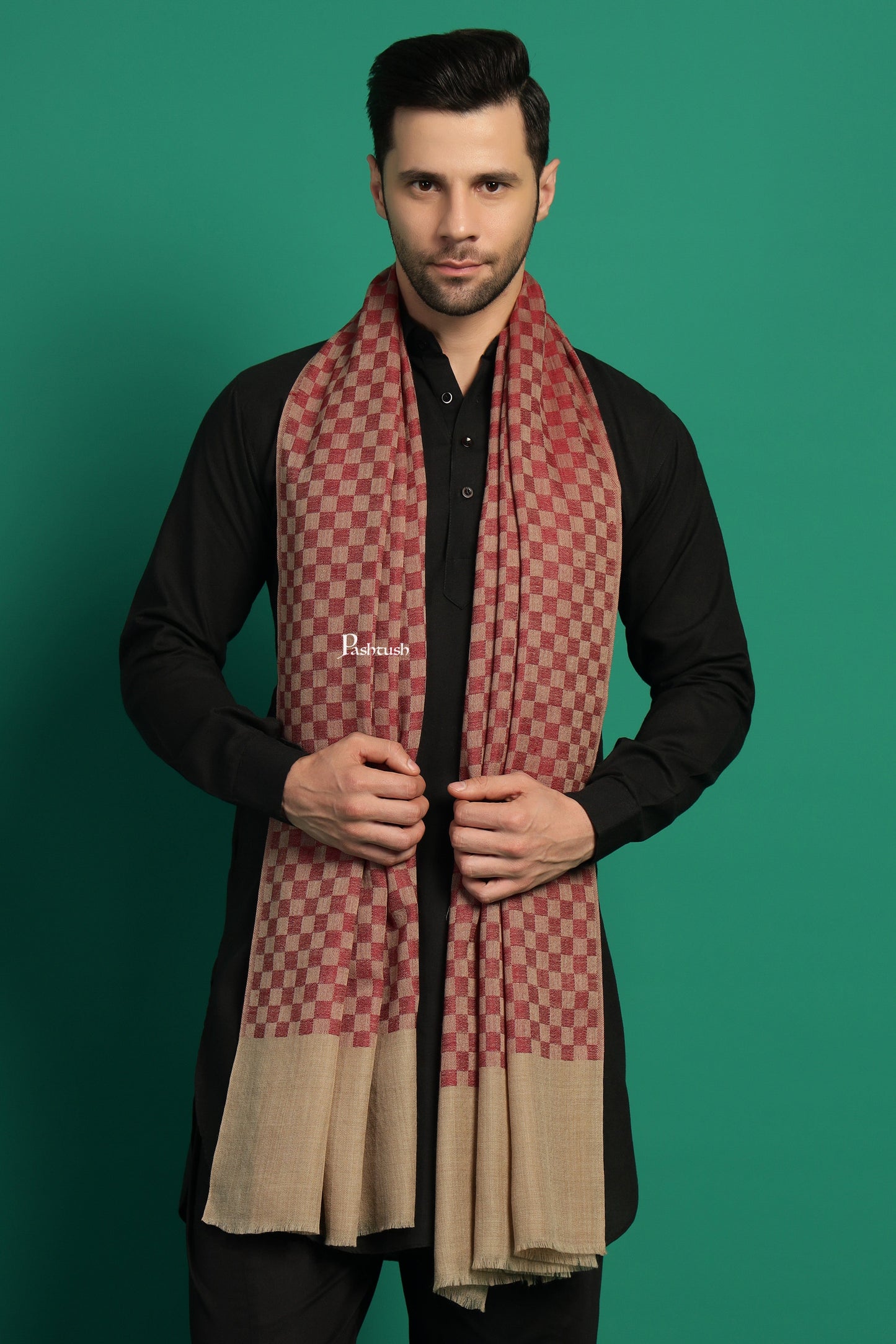 Pashtush India Mens Scarves Stoles and Mufflers Pashtush Mens Extra Fine Wool Stole, Checkered Design, Maroon