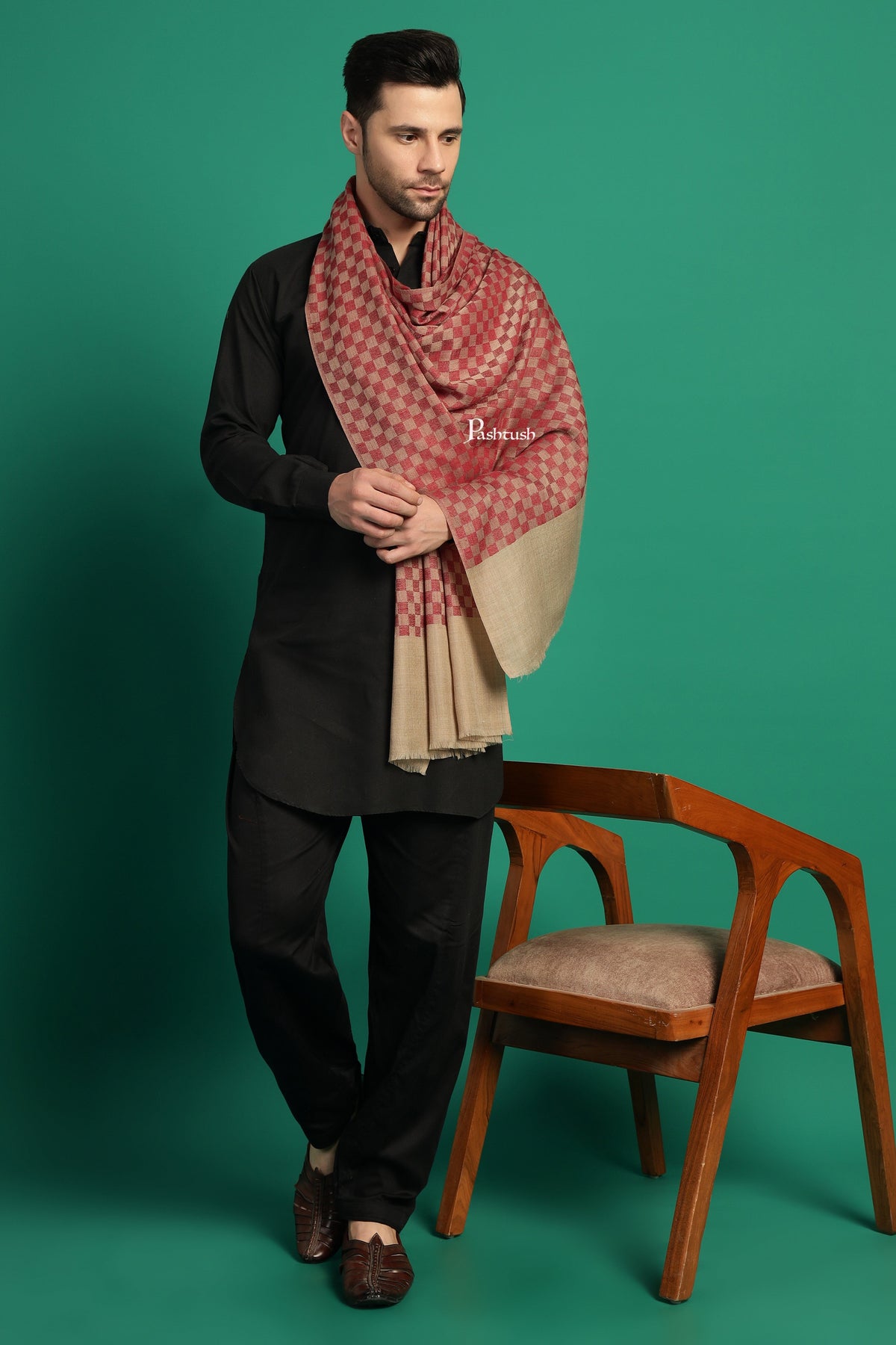Pashtush India Mens Scarves Stoles and Mufflers Pashtush Mens Extra Fine Wool Stole, Checkered Design, Maroon