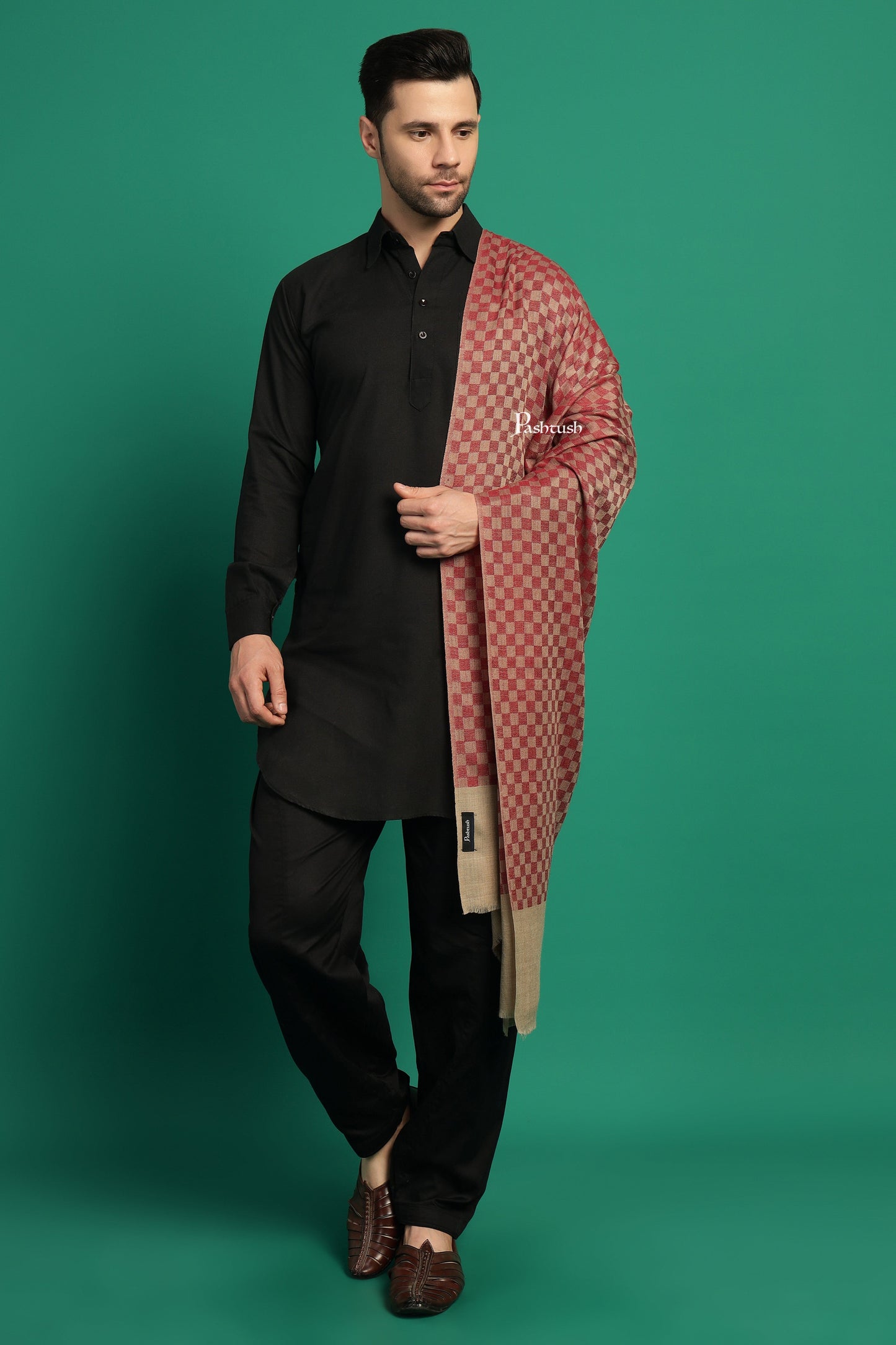 Pashtush India Mens Scarves Stoles and Mufflers Pashtush Mens Extra Fine Wool Stole, Checkered Design, Maroon