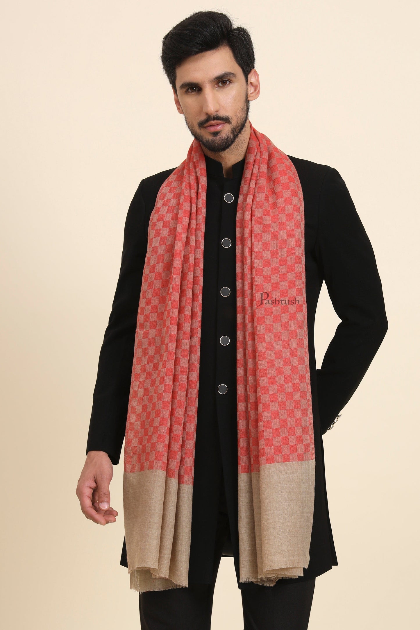 Pashtush India Mens Scarves Stoles and Mufflers Pashtush Mens Extra Fine Wool Stole, Checkered Design, Red