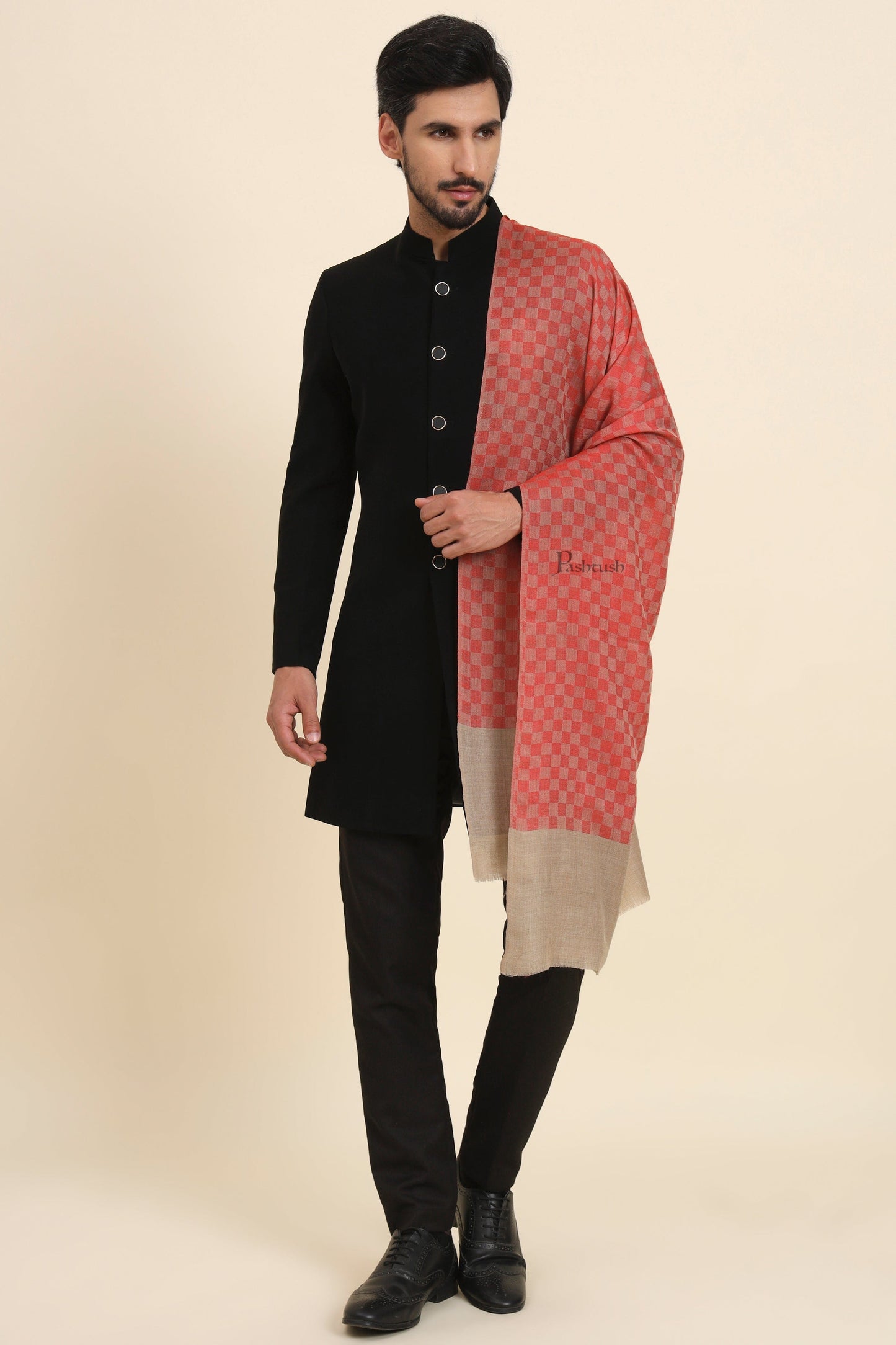 Pashtush India Mens Scarves Stoles and Mufflers Pashtush Mens Extra Fine Wool Stole, Checkered Design, Red