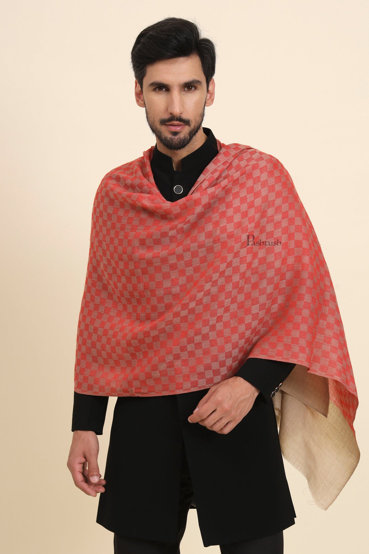 Pashtush India Mens Scarves Stoles and Mufflers Pashtush Mens Extra Fine Wool Stole, Checkered Design, Red
